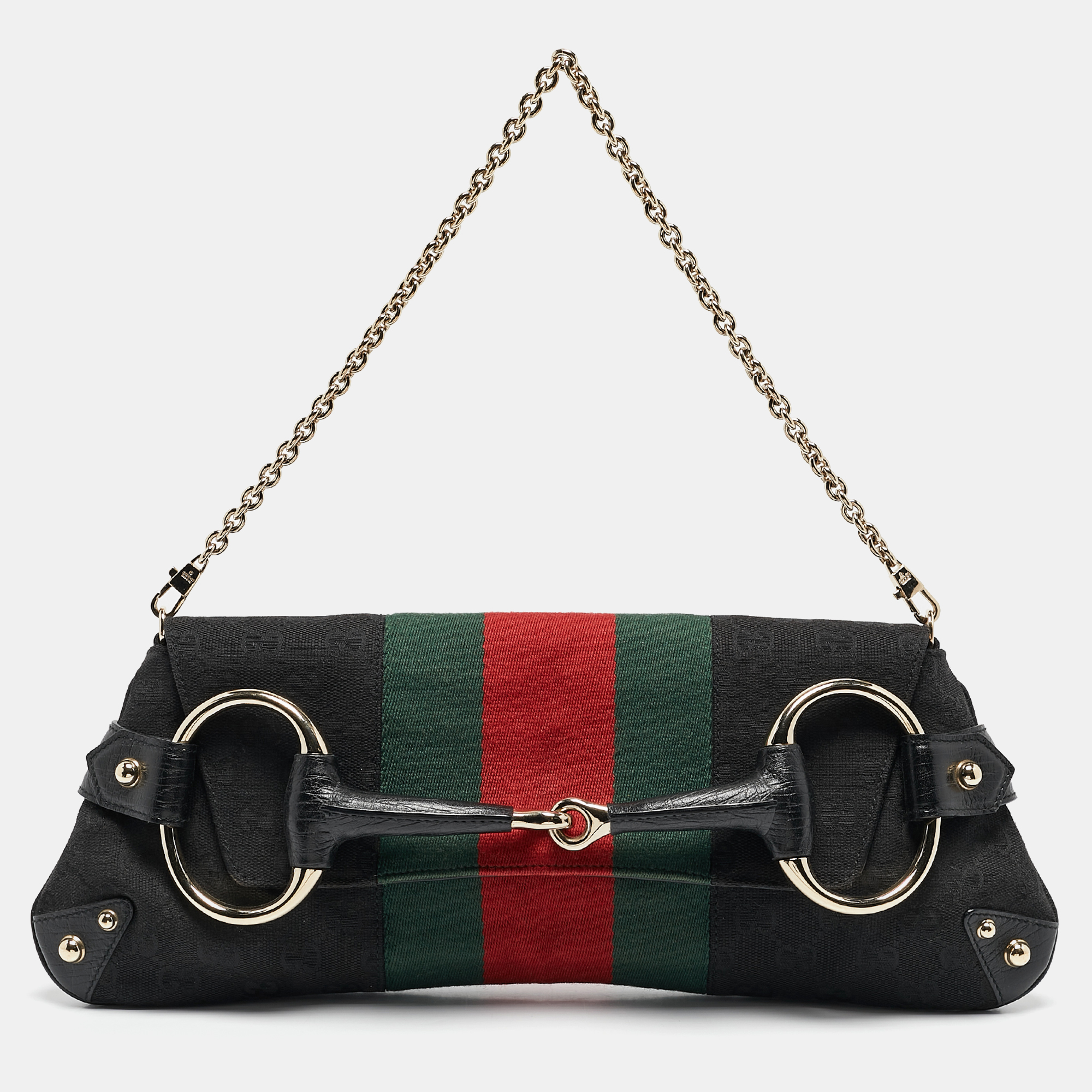 

Gucci Black GG Canvas and Leather Horsebit Web Chain Clutch