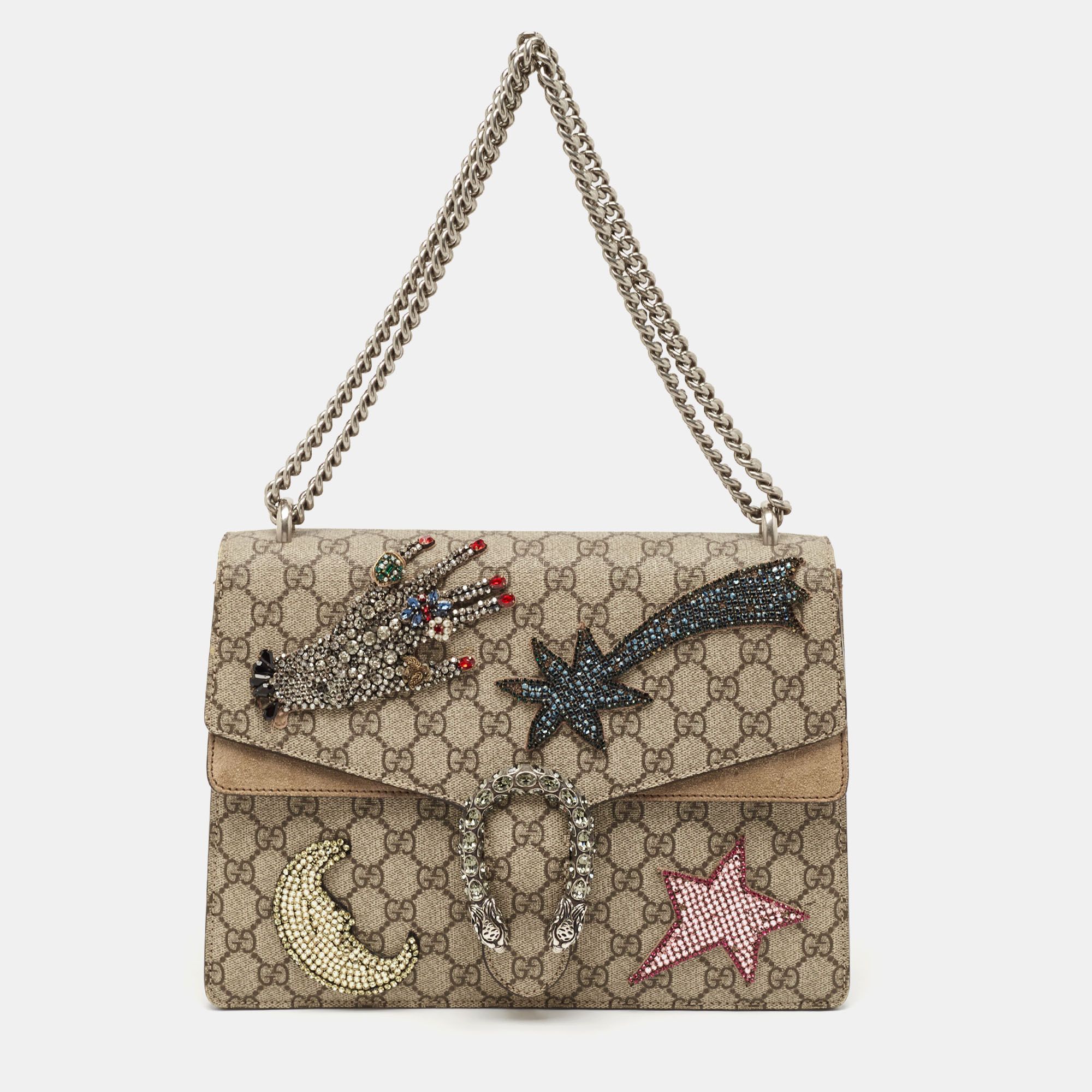 

Gucci Beige GG Supreme Canvas and Suede Medium Crystals Embellished Dionysus Shoulder Bag