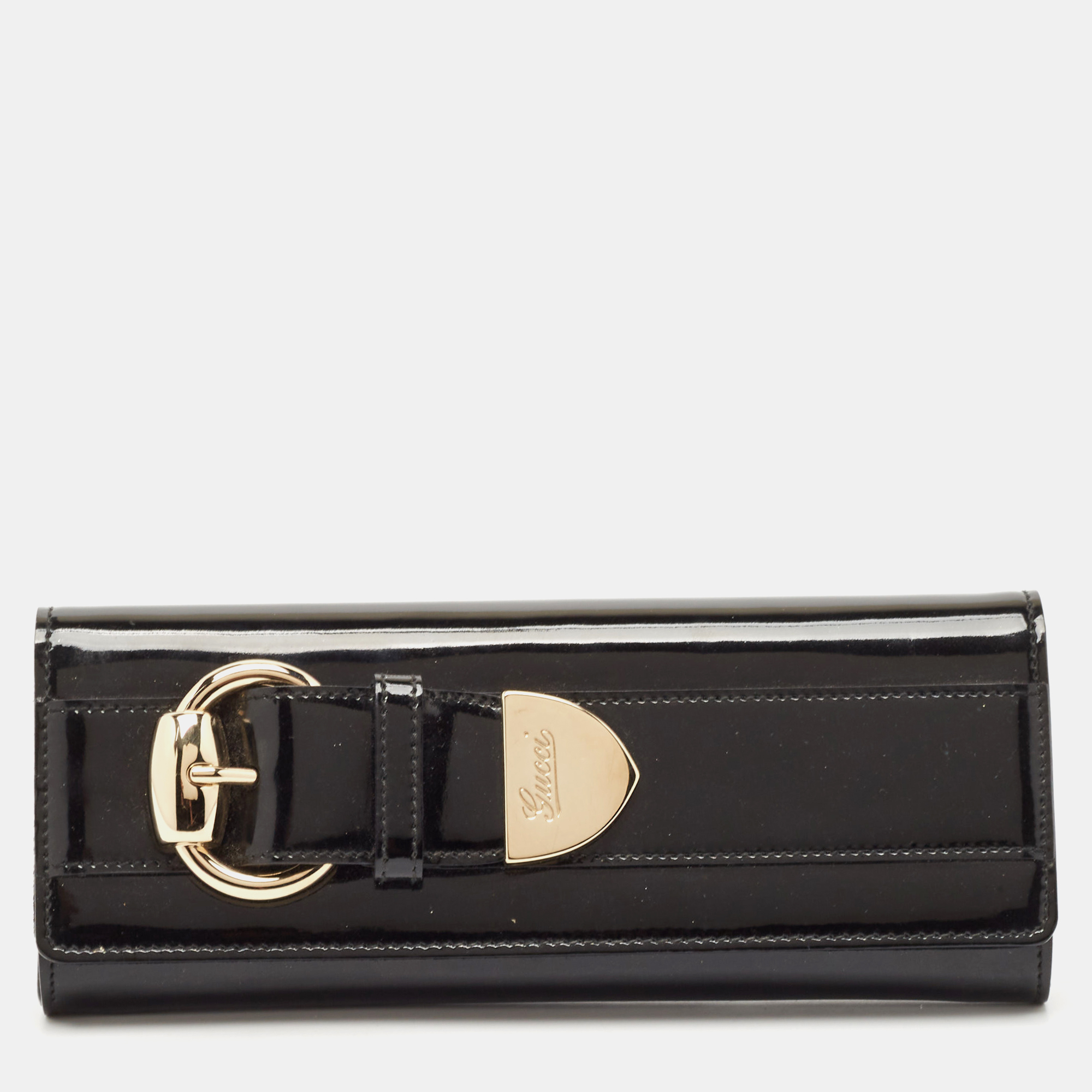 

Gucci Black Patent Leather Romy Buckle Clutch