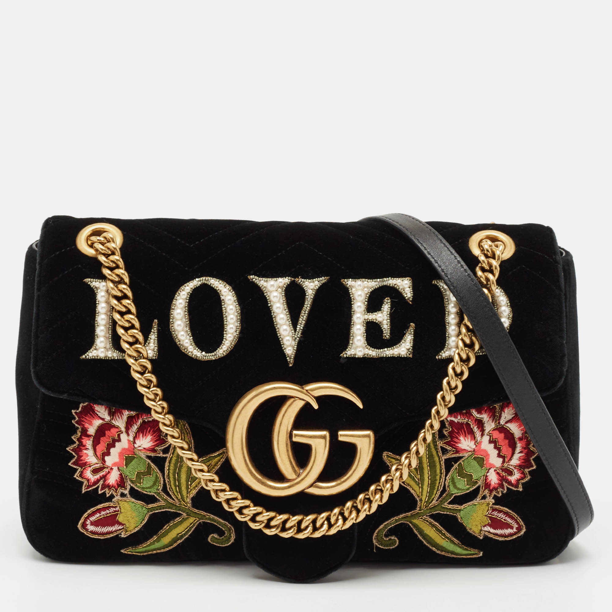 

Gucci Black Matelasse Velvet  Love Pearls GG Marmont Shoulder Bag