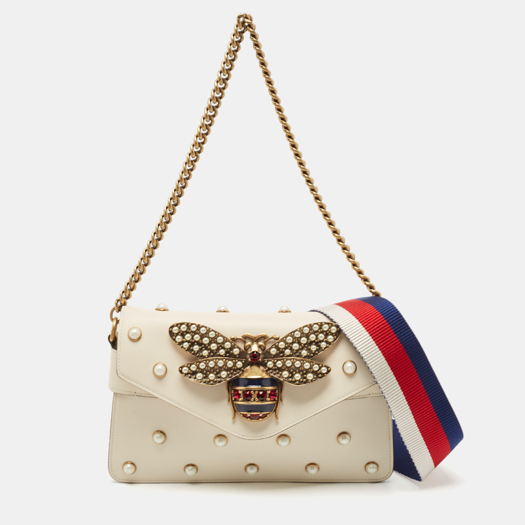 

Gucci Off White Leather Broadway Pearly Bee Shoulder Bag