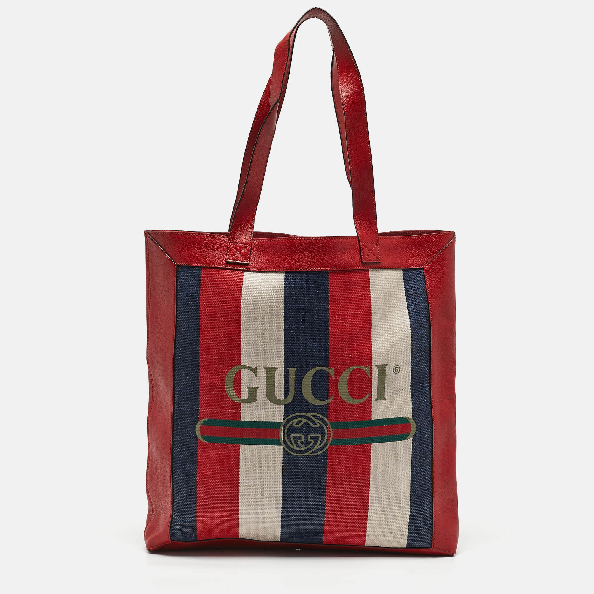 

Gucci Tricolor Striped Canvas and Leather Logo Tote, Multicolor