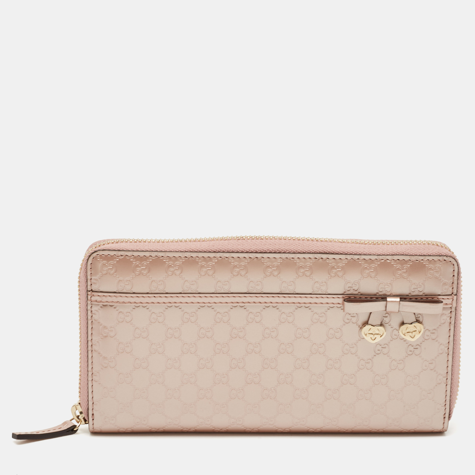 

Gucci Metallic Old Rose Microguccissima Patent Leather Heart Charm Continental Wallet, Pink