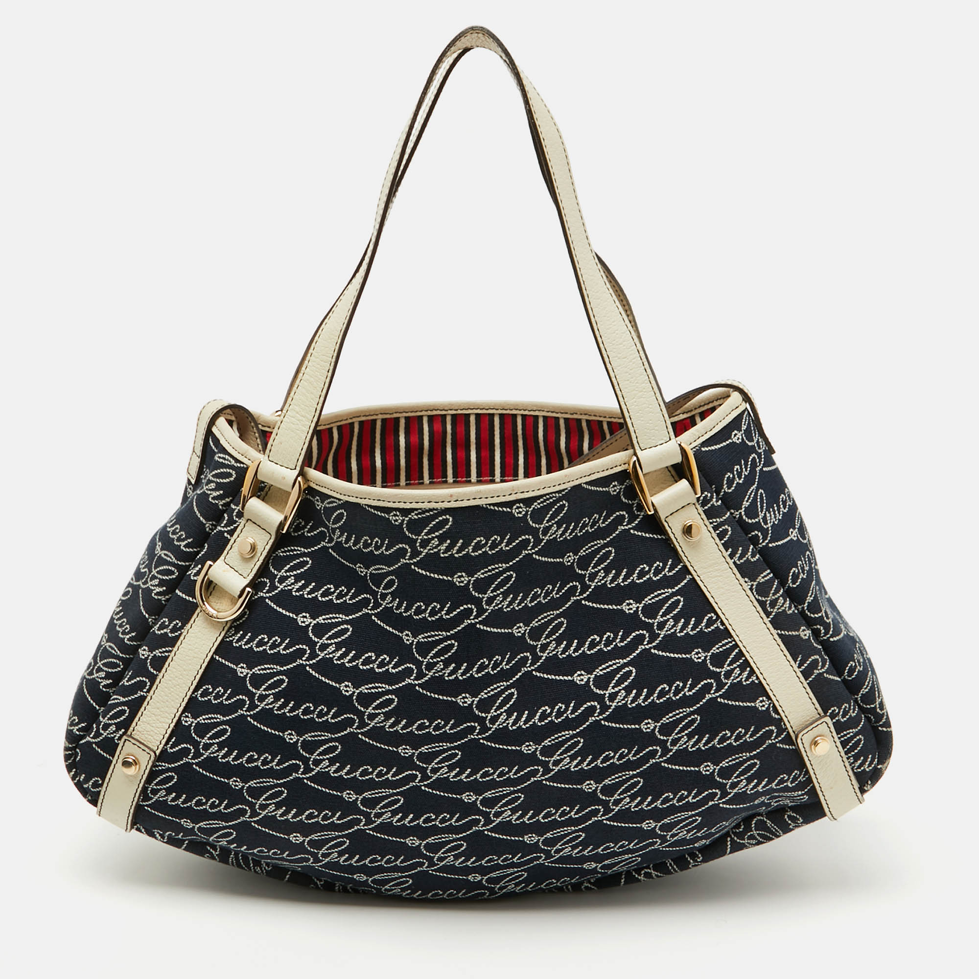 

Gucci Navy Blue/White Canvas and Leather Signature Abbey Hobo