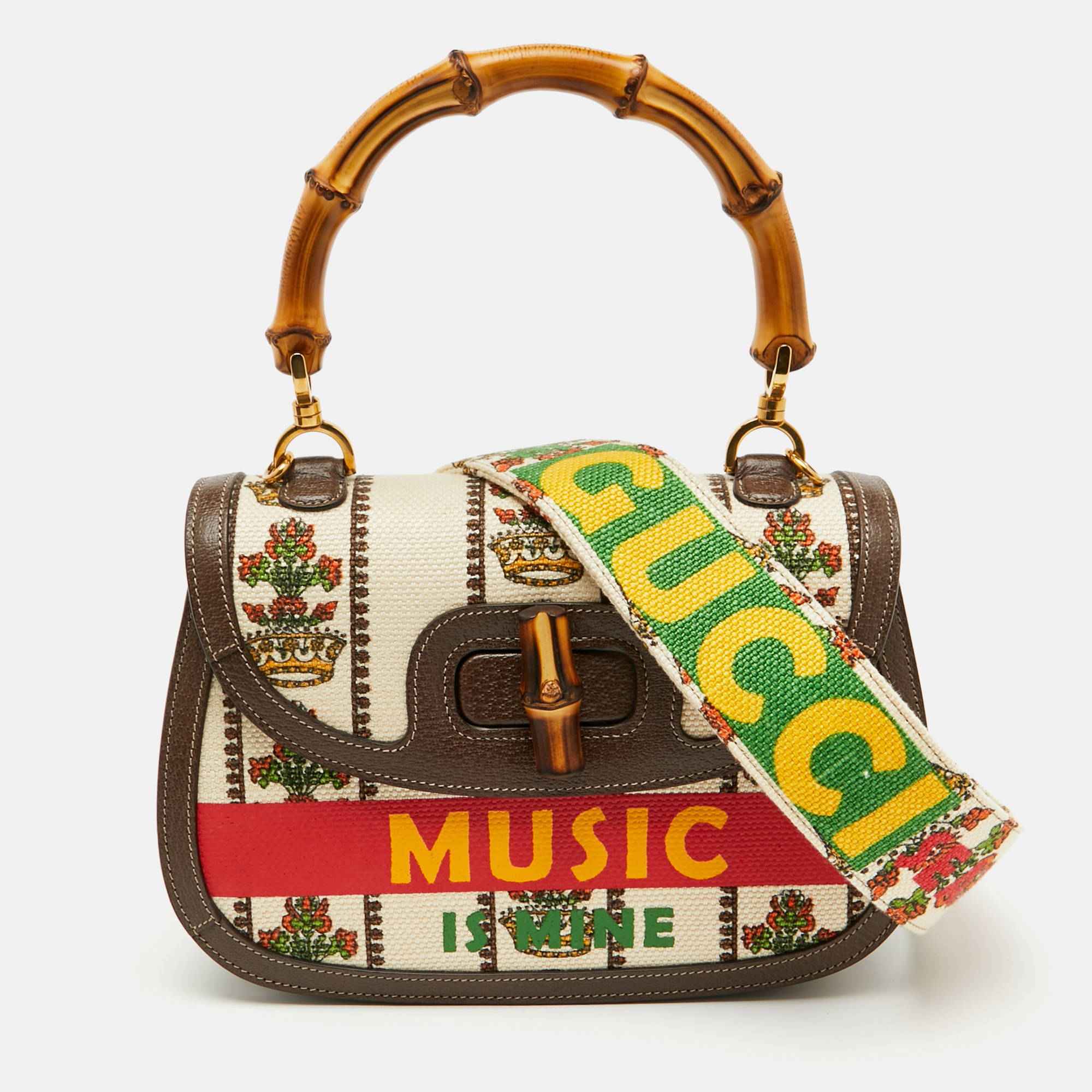 

Gucci Multicolour Canvas and Leather Music is Mine Bamboo Flap Top Handle Bag, Multicolor