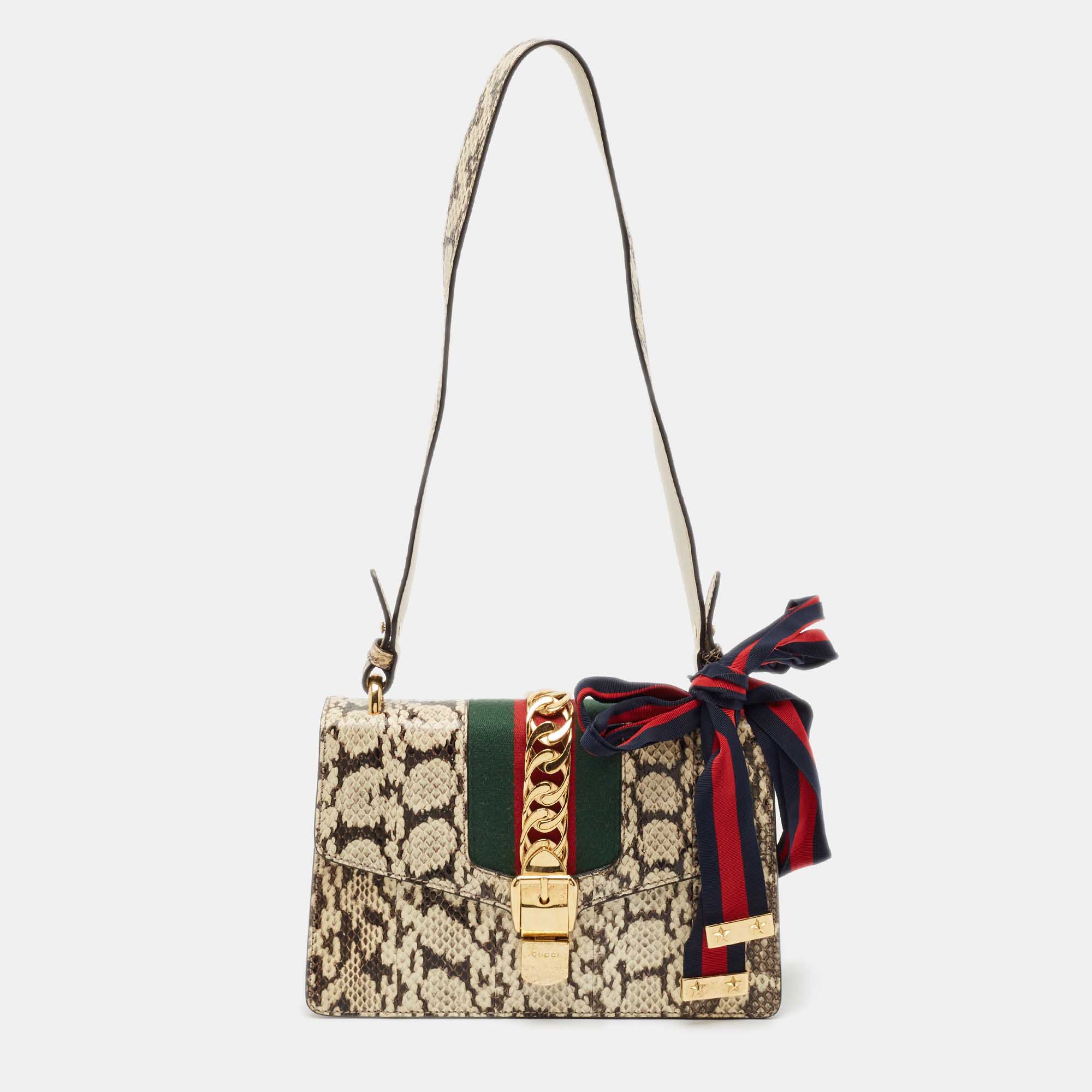 

Gucci Cream Watersnake Leather Small Web Chain Sylvie Shoulder Bag