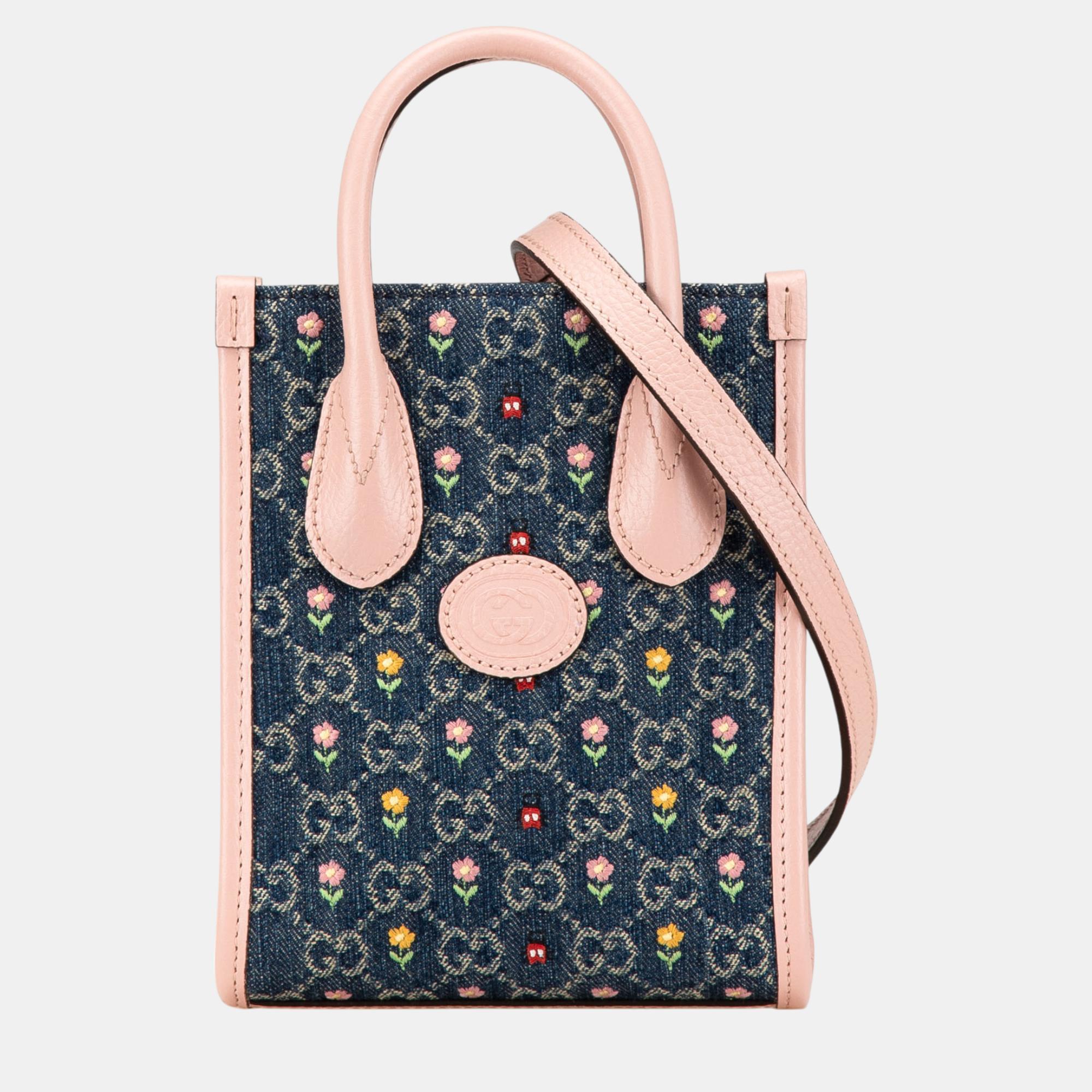 

Gucci Blue/Pink Mini GG Denim Interlocking G Flowers Tote