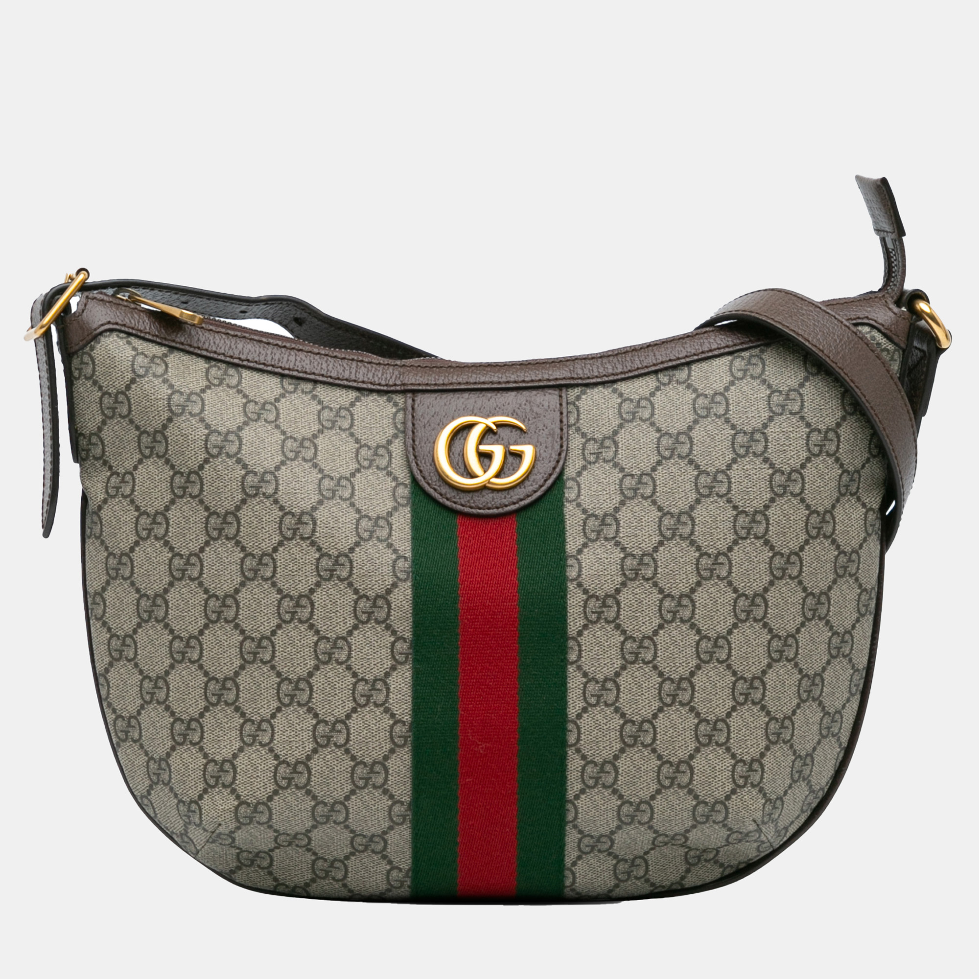 

Gucci Beige Brown Small GG Supreme Web Ophidia Half Moon Crossbody