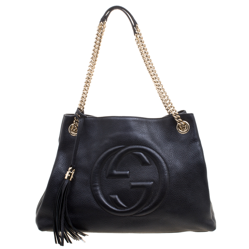 Pre Owned حقيبة يد غوتشي متوسطة جلد حُبيبي سوداء