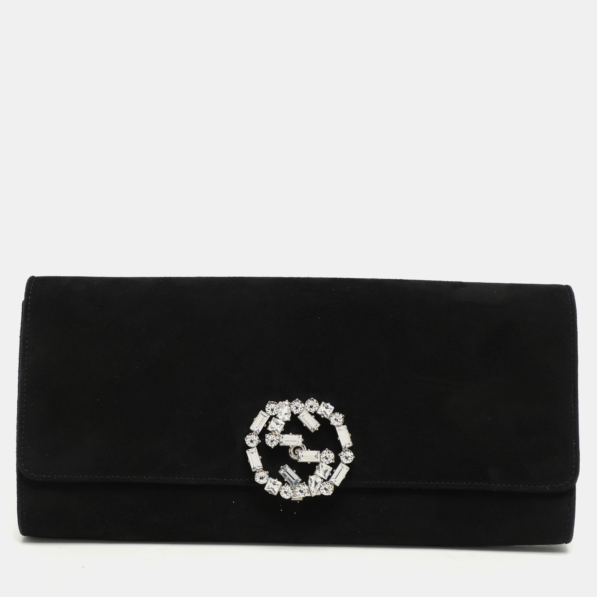 

Gucci Black Crystal Embellished Suede Interlocking G Broadway Clutch