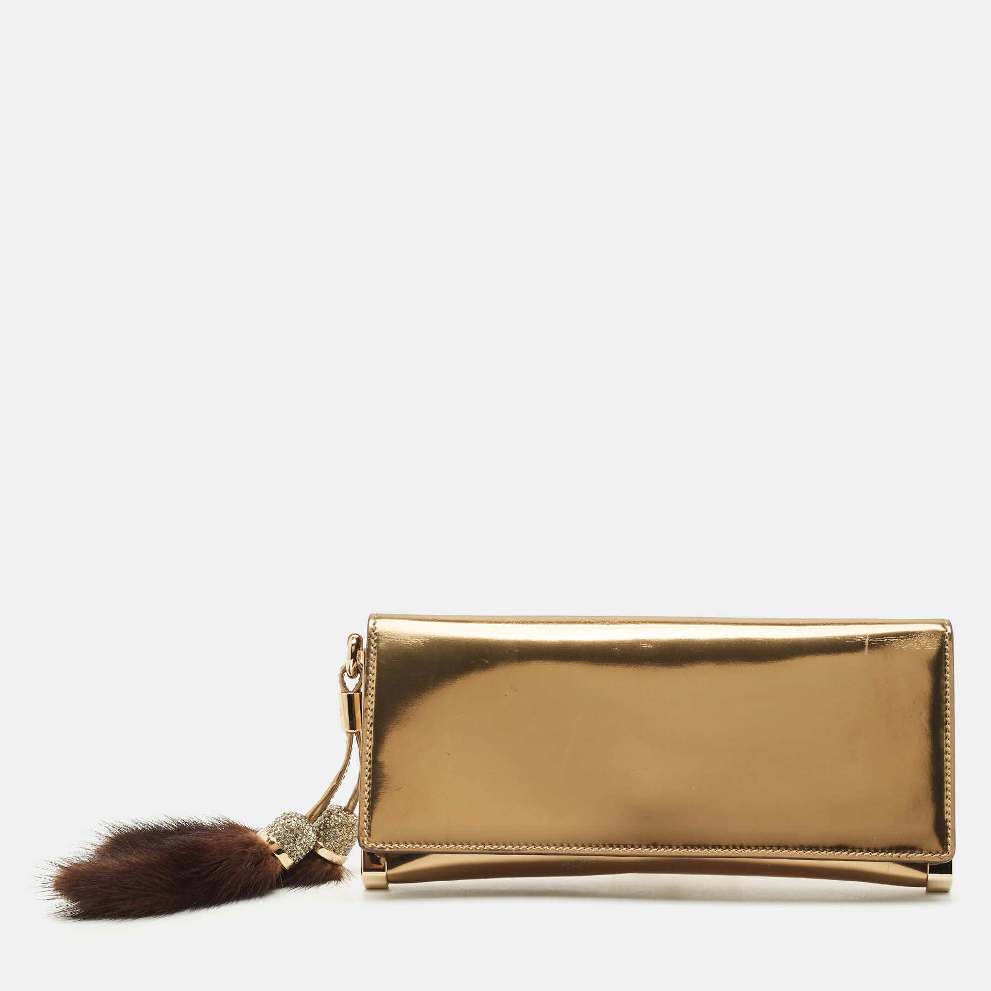 

Gucci Gold Patent Leather Fur and Crystal Tassel Clutch