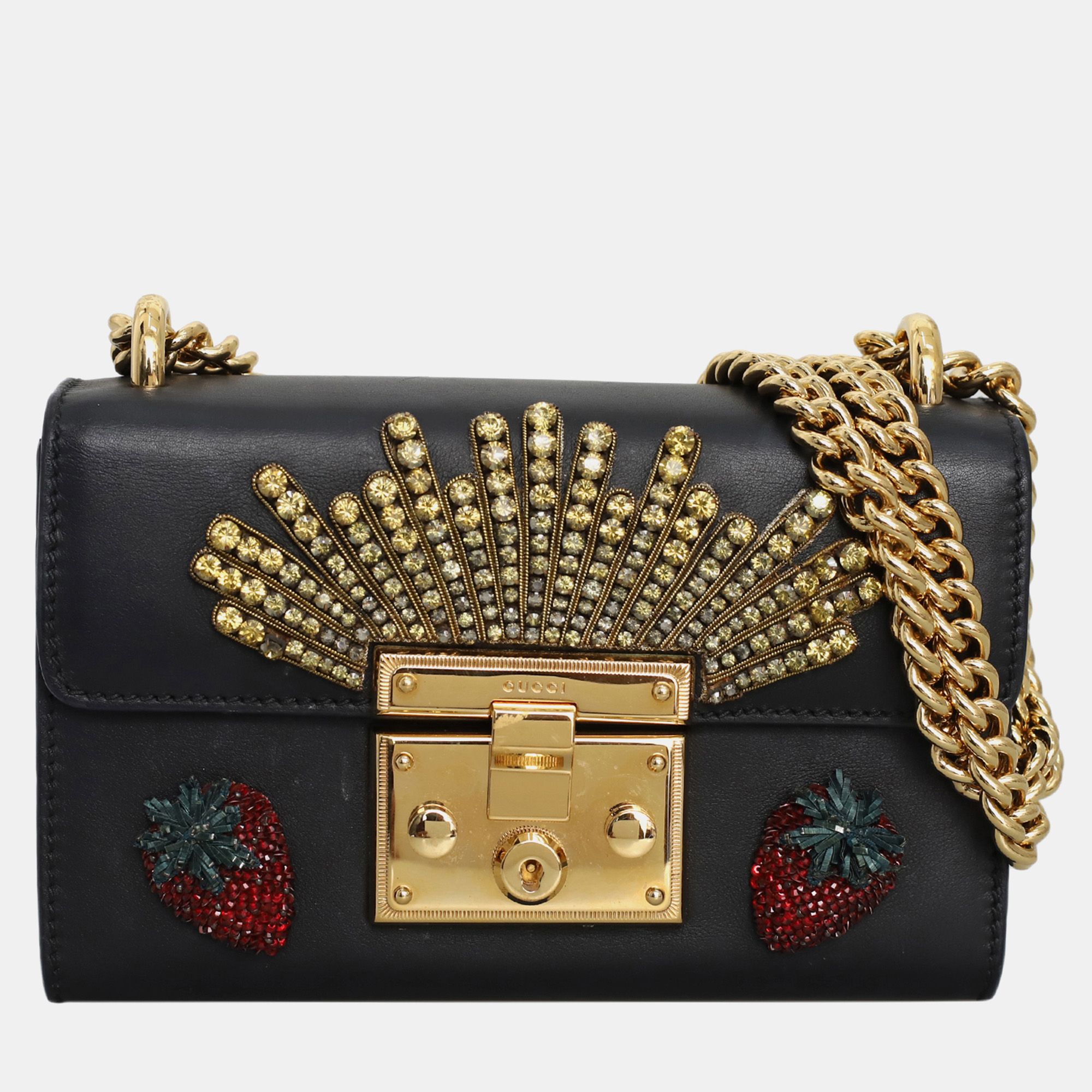 

Embellished Strawberry Small Padlock Bag, Black