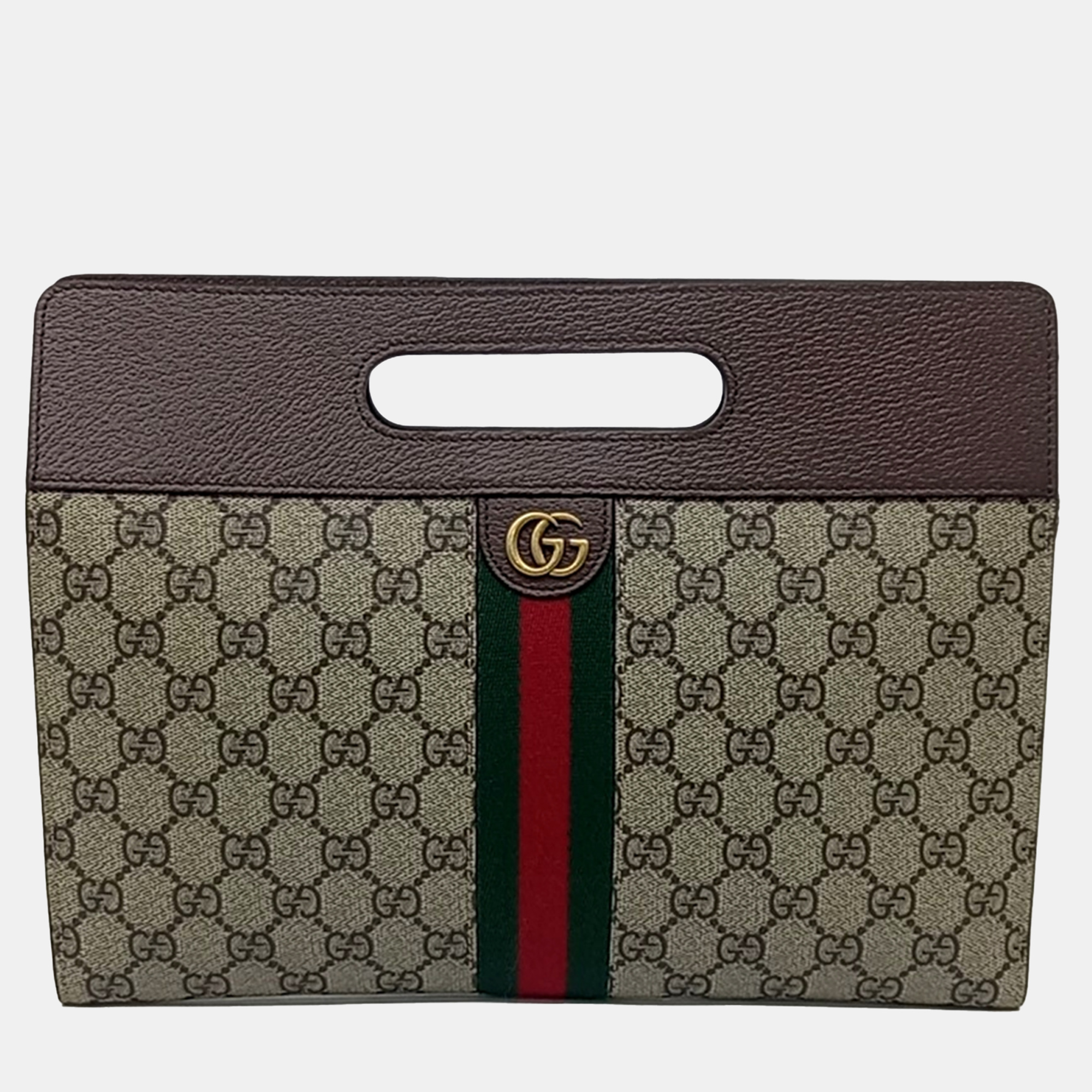 

Gucci Beige Brown Canvas and Leather Ophidia handle clutch bag