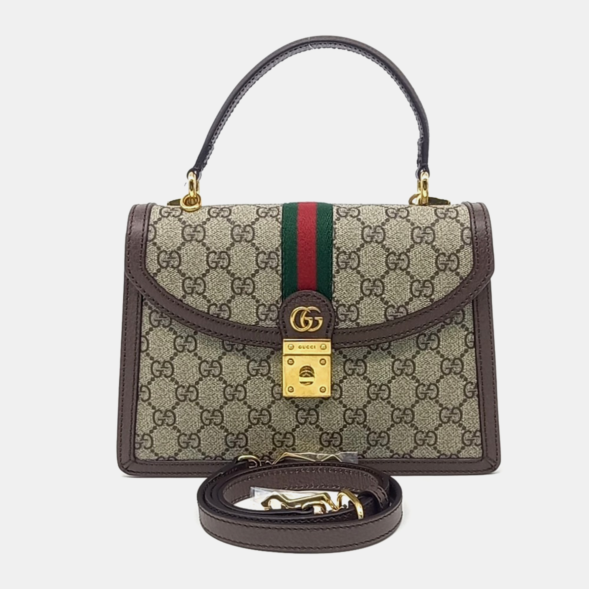 

Gucci Beige Brown Coated Canvas Ophidia Top Handle Bag