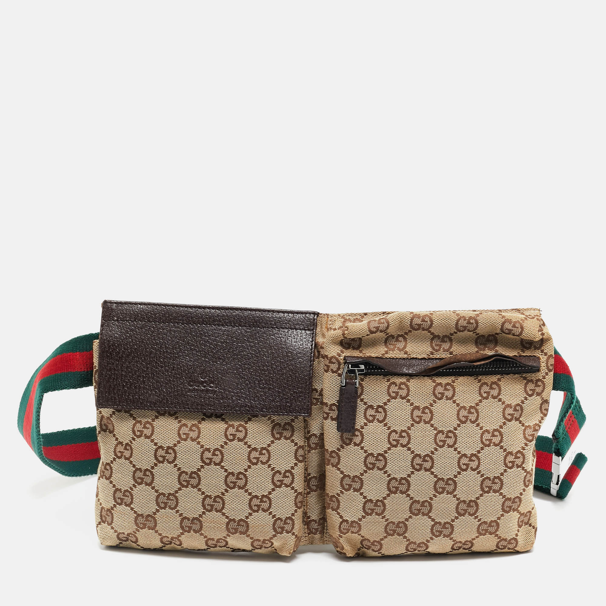 

Gucci Dark Brown/Beige GG Canvas Web Double Pocket Belt Bag