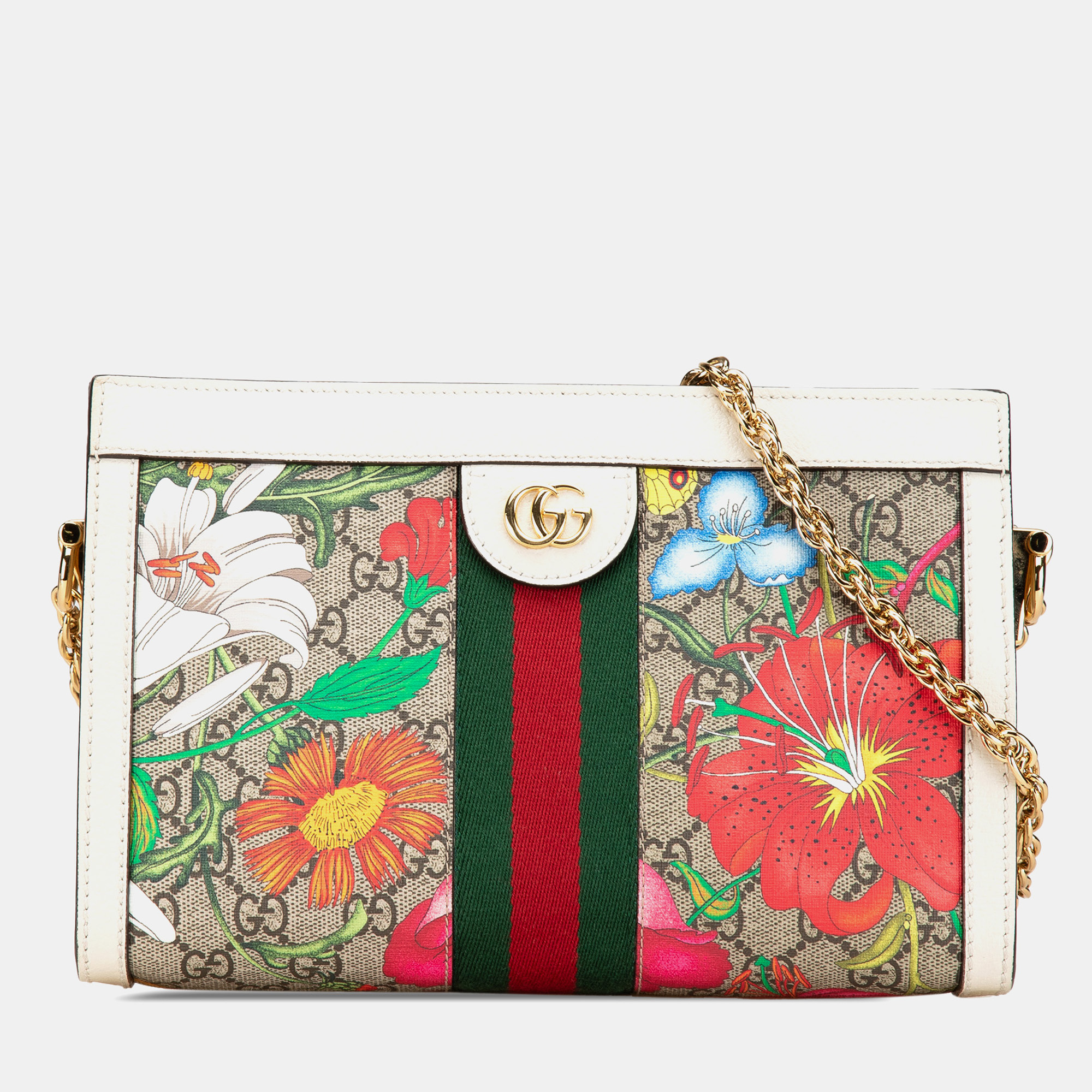 

Gucci Brown Small GG Supreme Flora Ophidia Chain Shoulder Bag