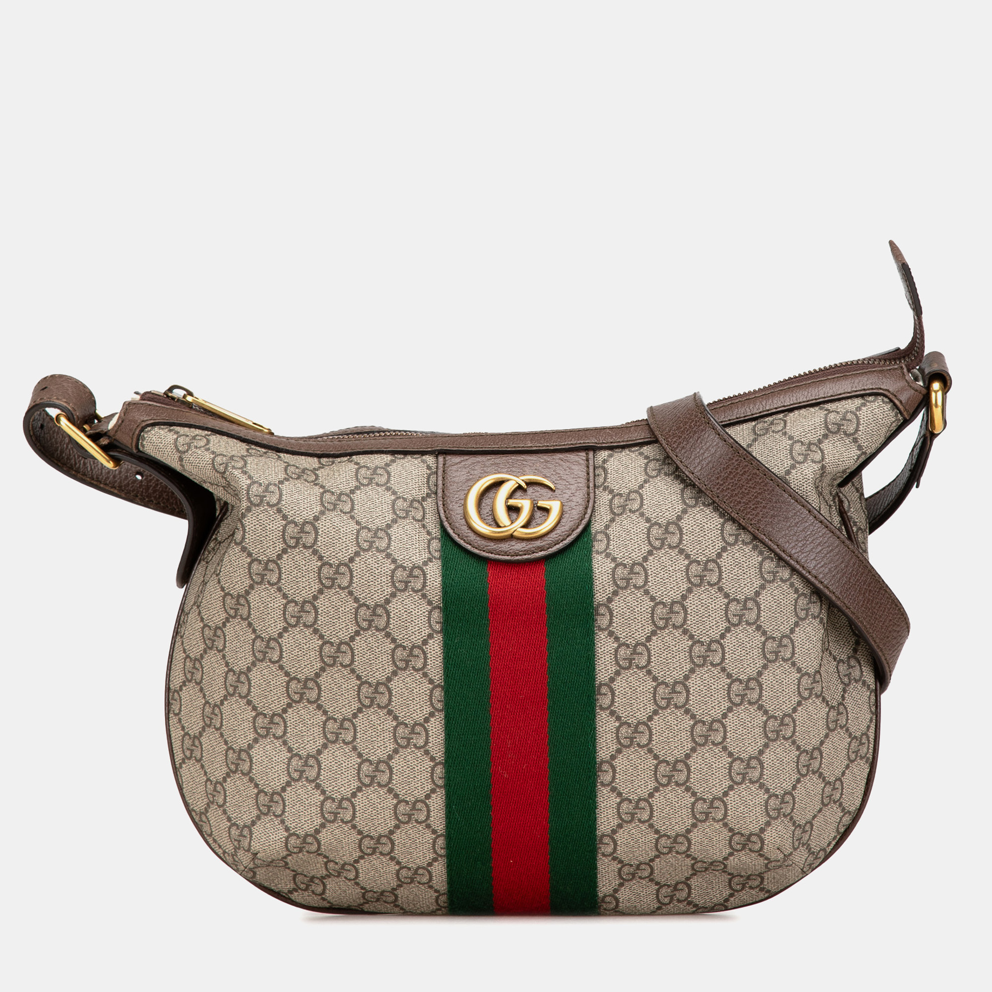 

Gucci Brown Small GG Supreme Web Ophidia Half Moon Crossbody Bag