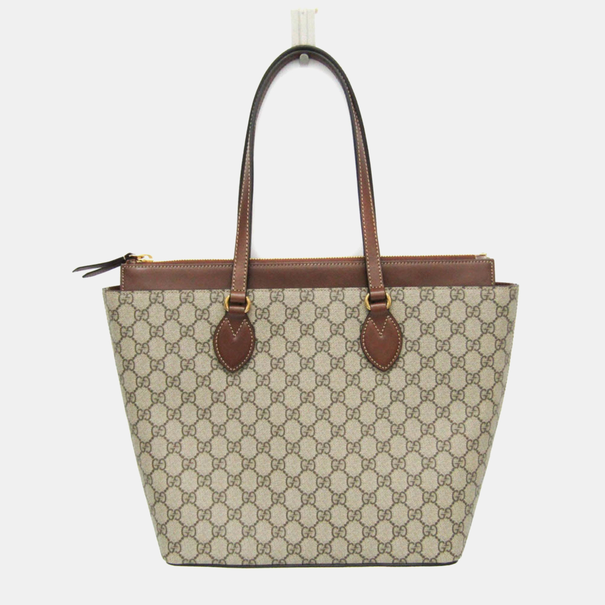

Gucci Beige Brown Leather GG Supreme Tote Bag