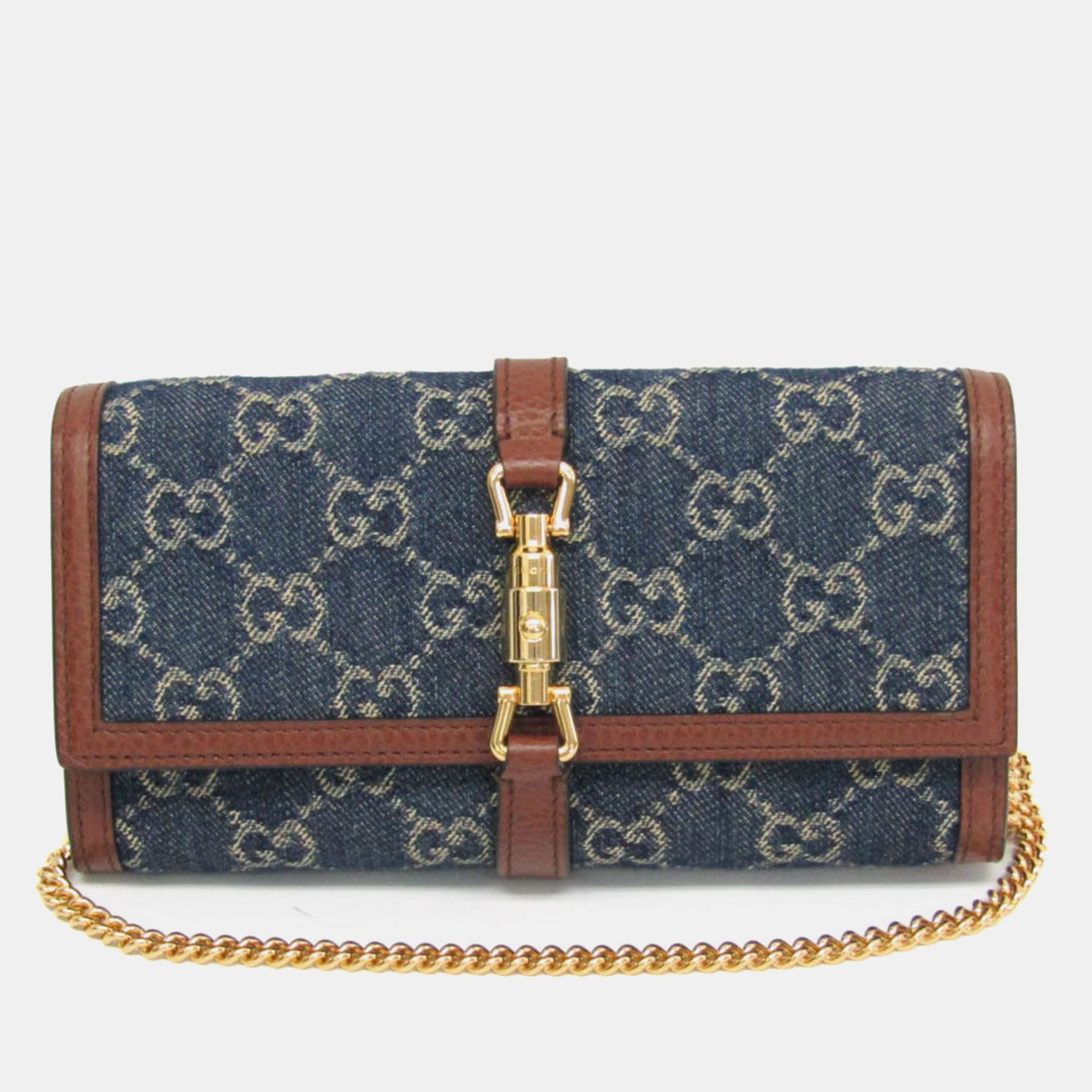 

Gucci Blue Brown Denim Leather Jackie 1961 Chain Shoulder Wallet