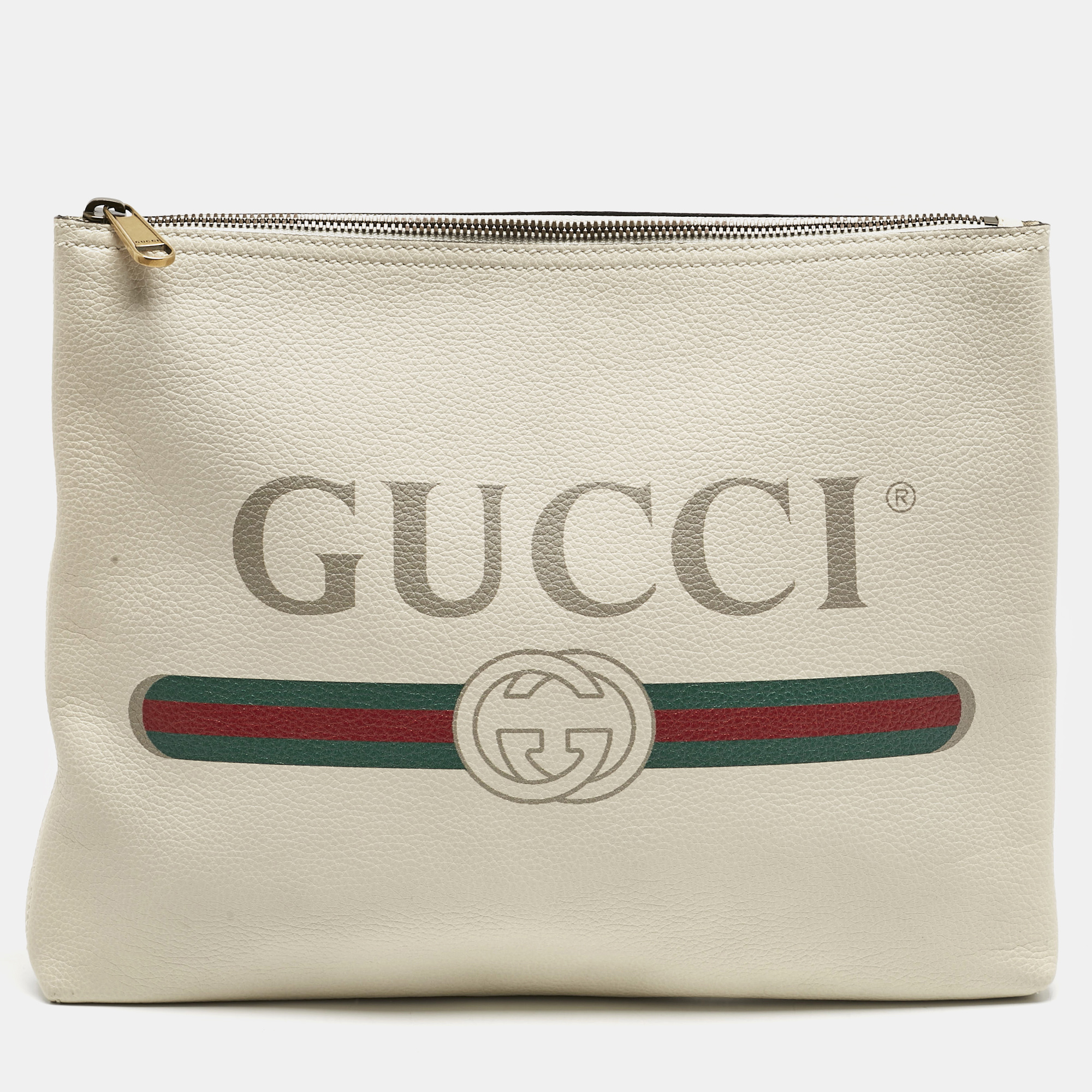 

Gucci Off White Leather Logo Print Zip Pouch
