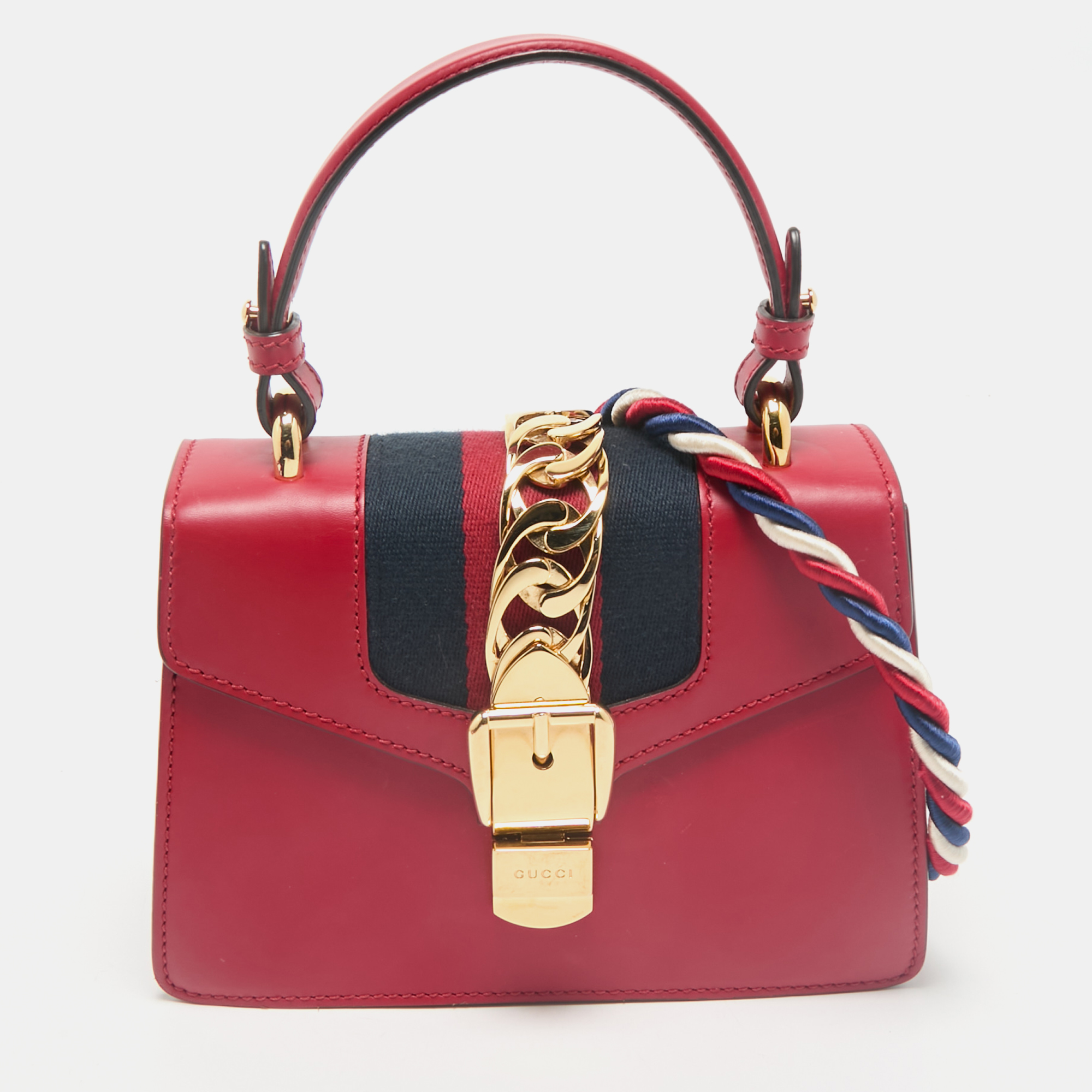 

Gucci Red Leather Mini Web Sylvie Top Handle Bag