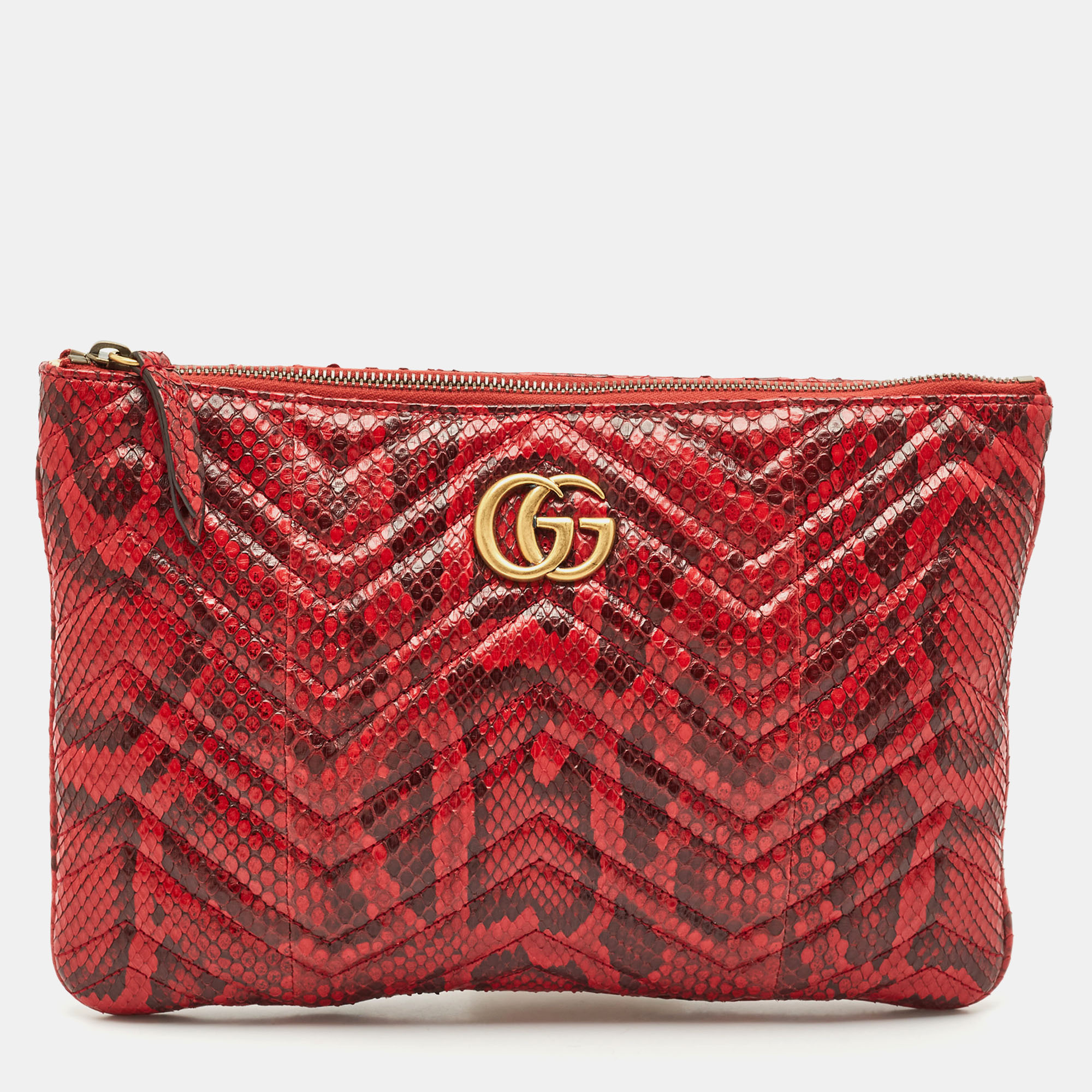 

Gucci Red Matelasse Python GG Marmont Zip Pouch