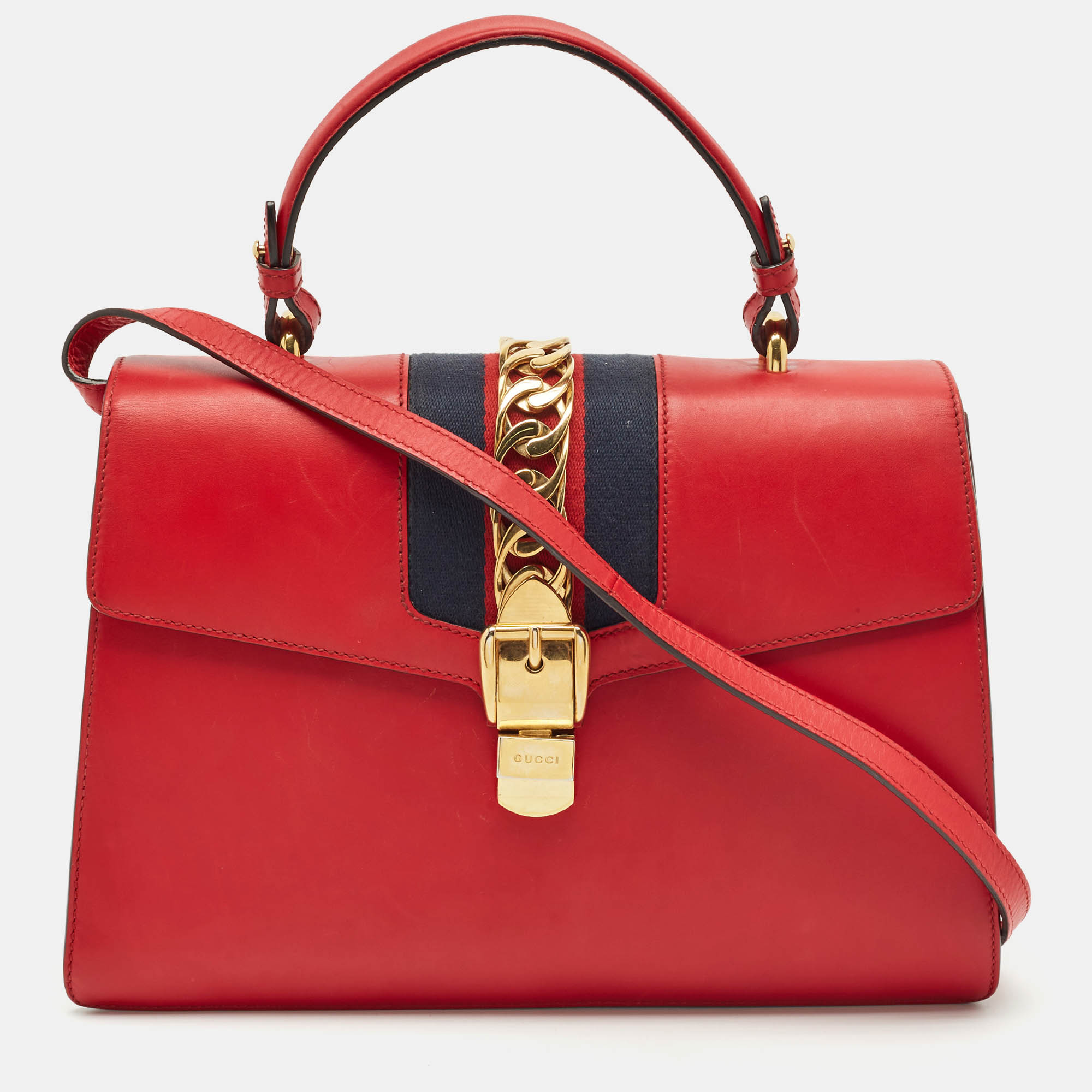 

Gucci Red Leather  Web Sylvie Top Handle Bag