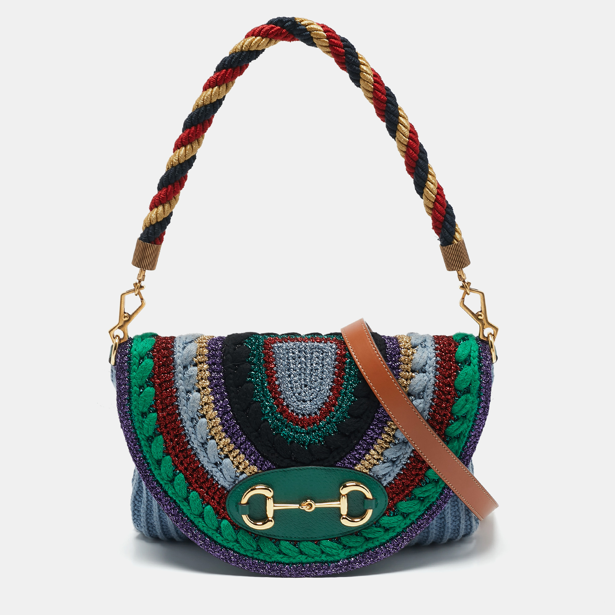 

Gucci Multicolor Crochet and Leather Horsebit 1955 Flap Crossbody Bag