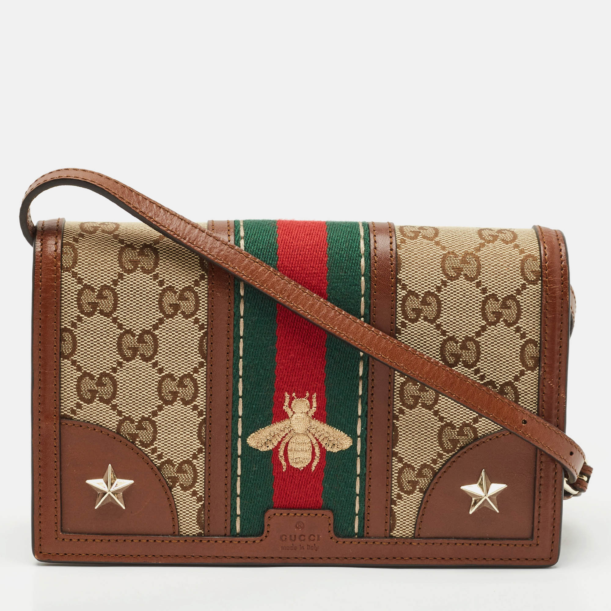 

Gucci Brown/Beige Canvas and Leather Bee Web Wallet on Strap