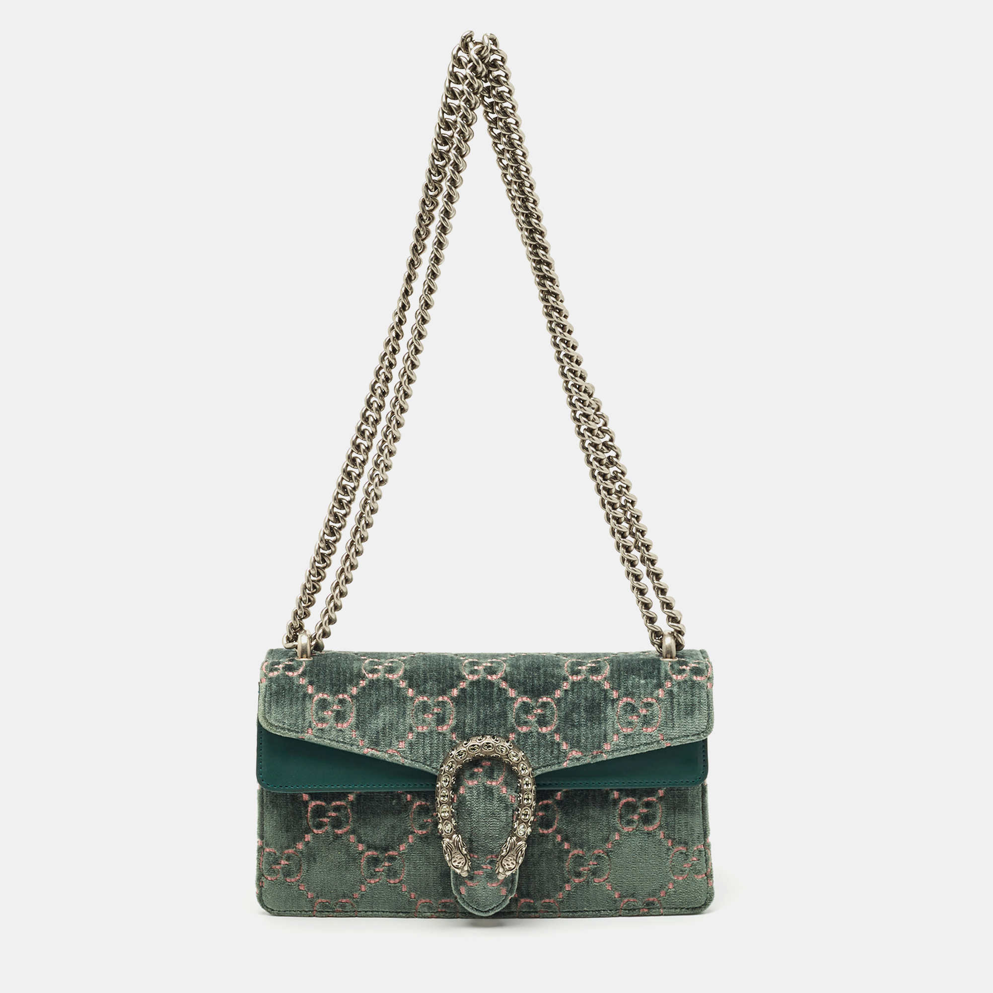 

Gucci Green GG Velvet and Leather Small Dionysus Shoulder Bag