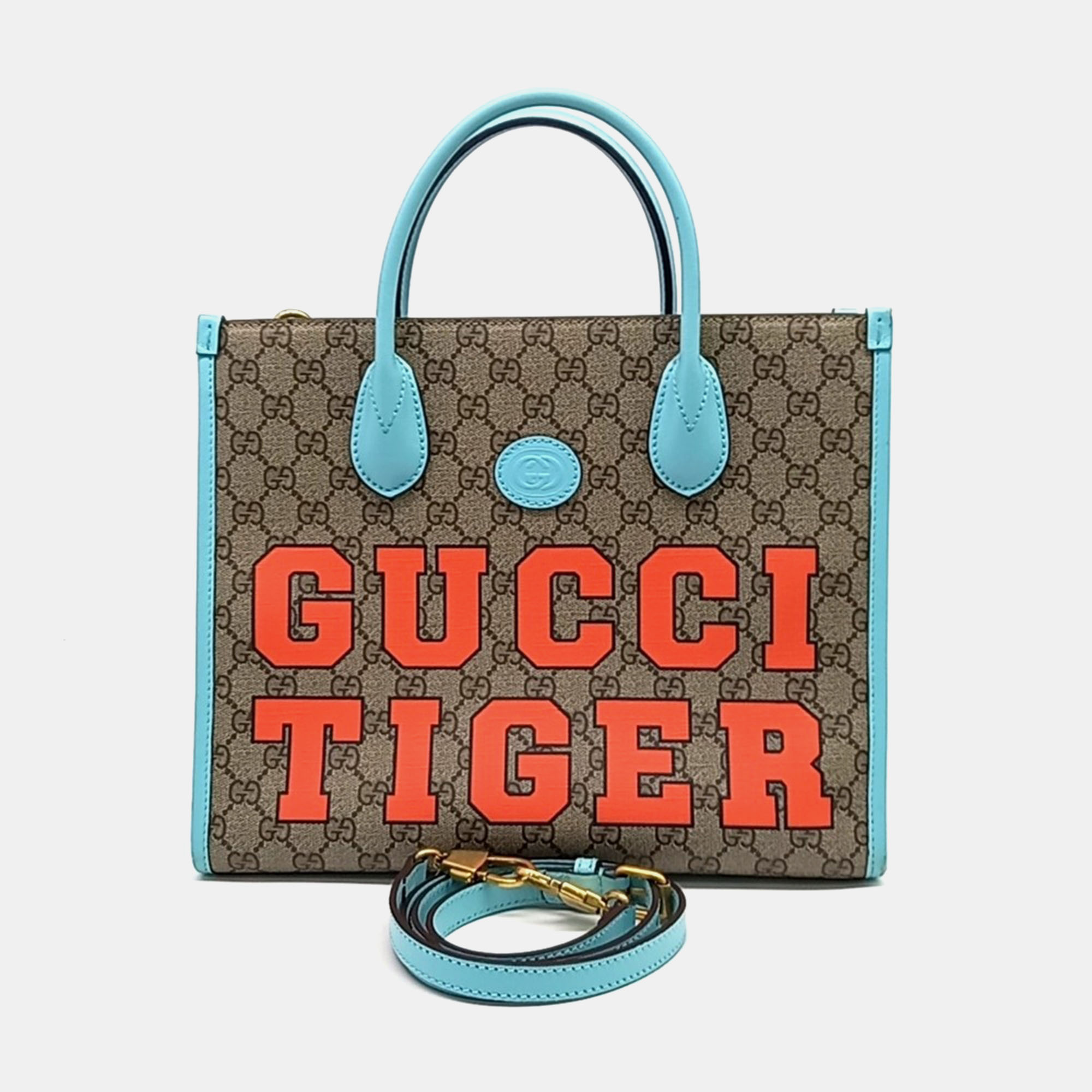 

Gucci Beige Blue Coated Canvas Tiger GG Small Tote Bag