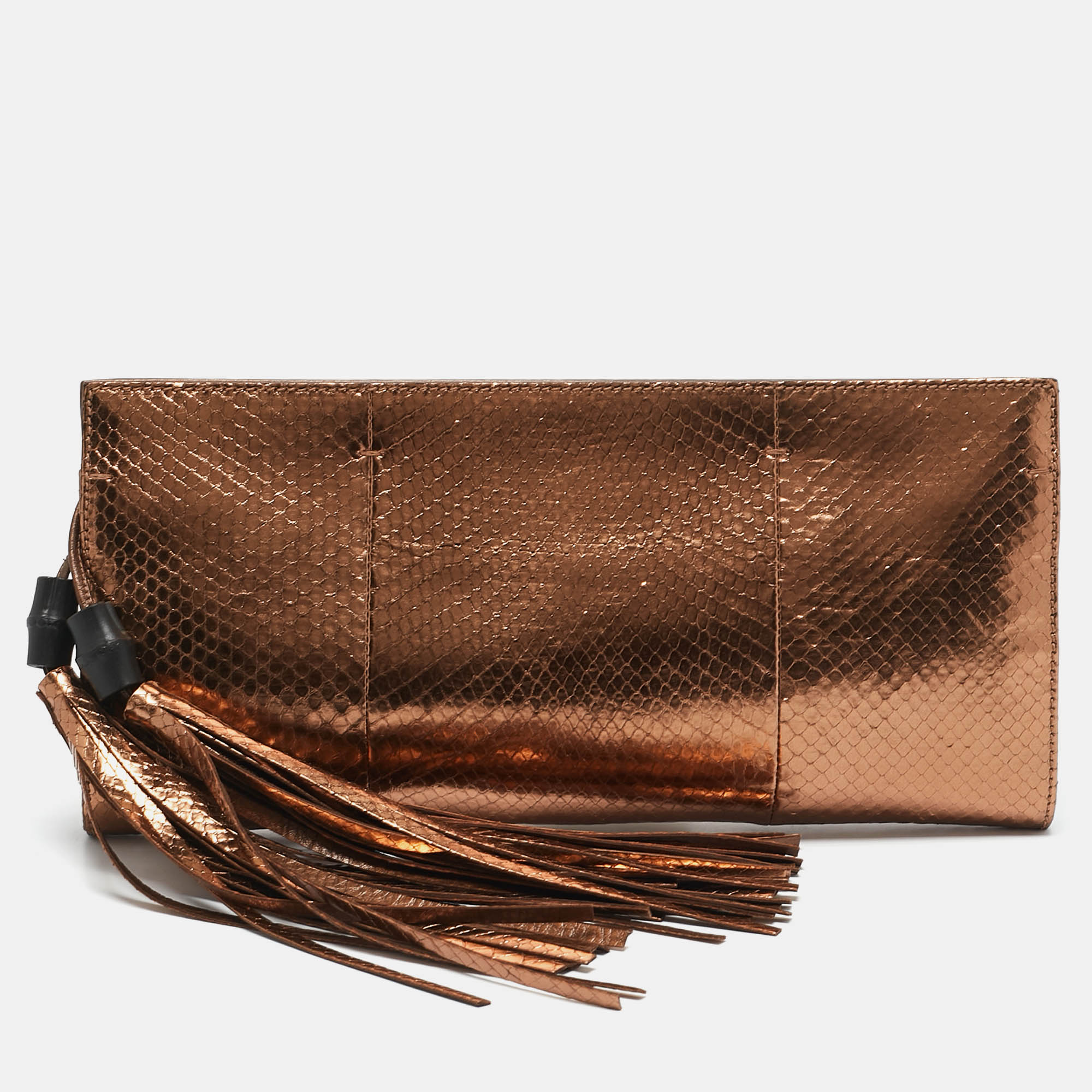 

Gucci Bronze Python Nouveau Fringe Clutch, Brown