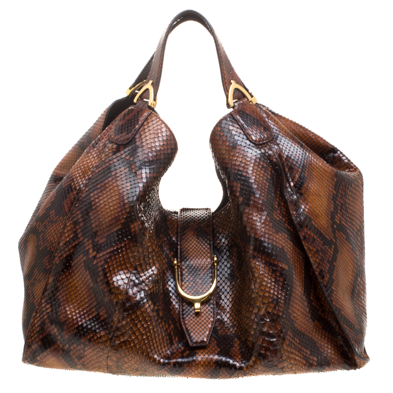 Pre Owned Gucci Bronze Python Stirrup Hobo
