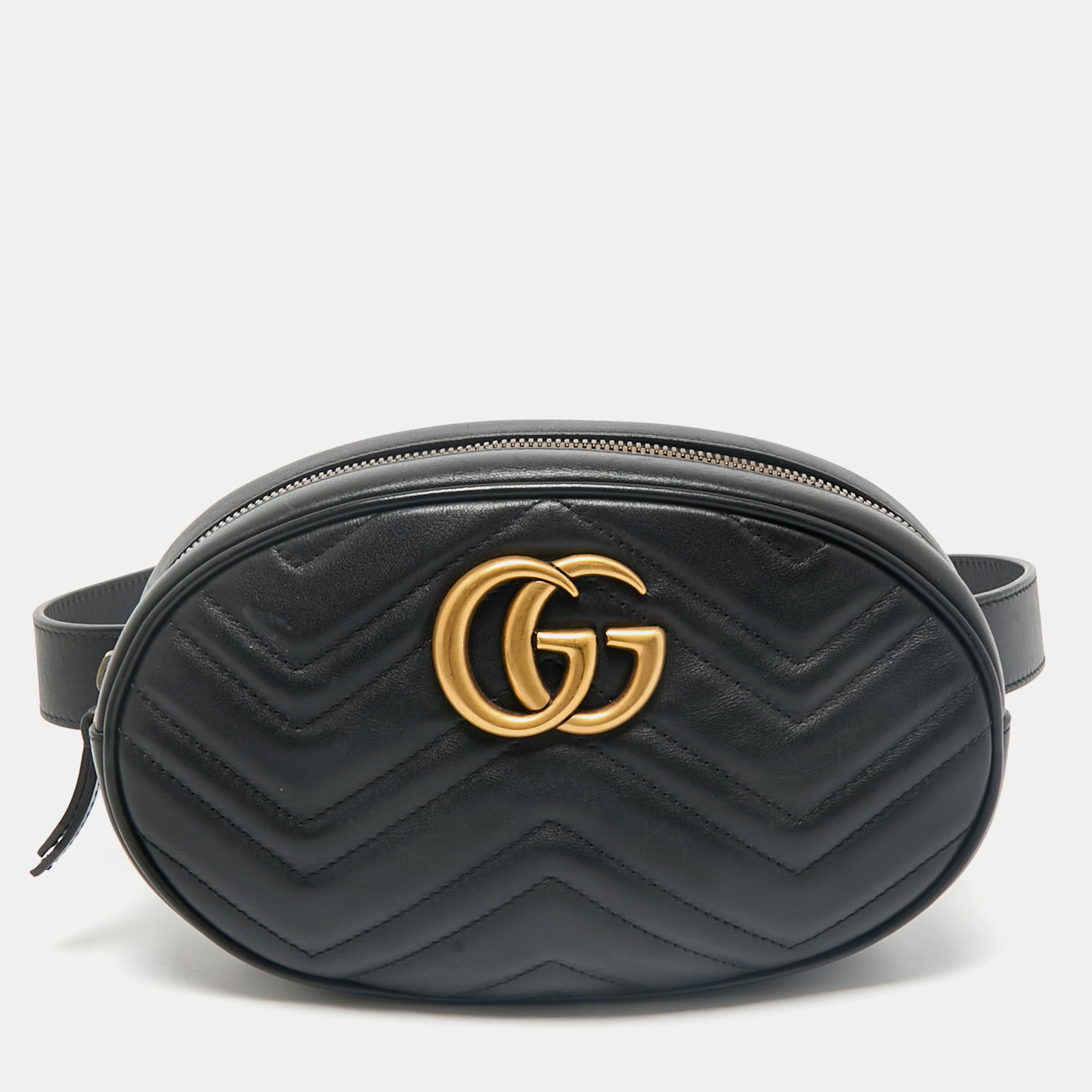 

Gucci Black Matelassé Leather GG Marmont Belt Bag