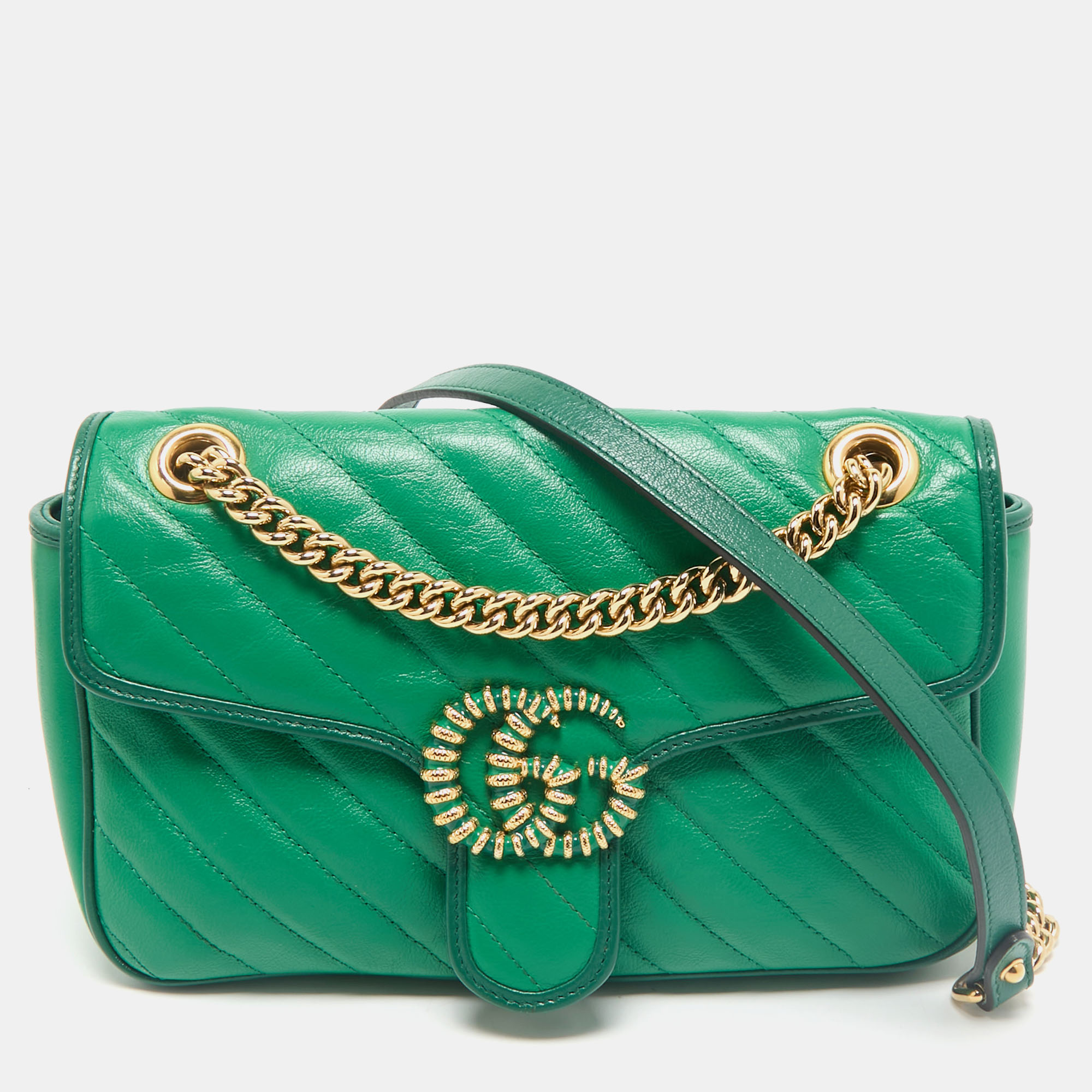 

Gucci Green Diagonal Quilt Leather Small GG Marmont Torchon Shoulder Bag