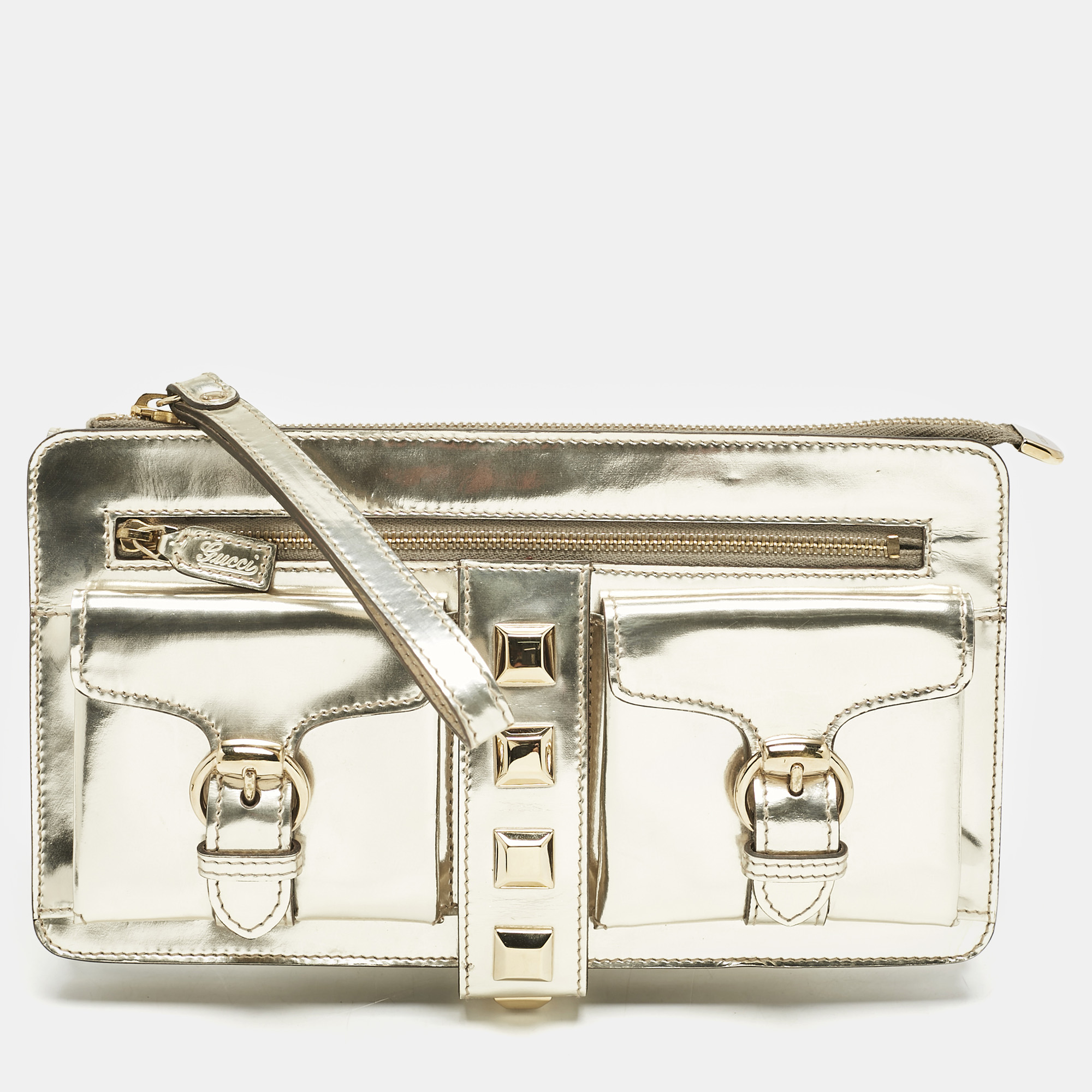 

Gucci Gold Patent Leather Studded Wristlet Zip Clutch