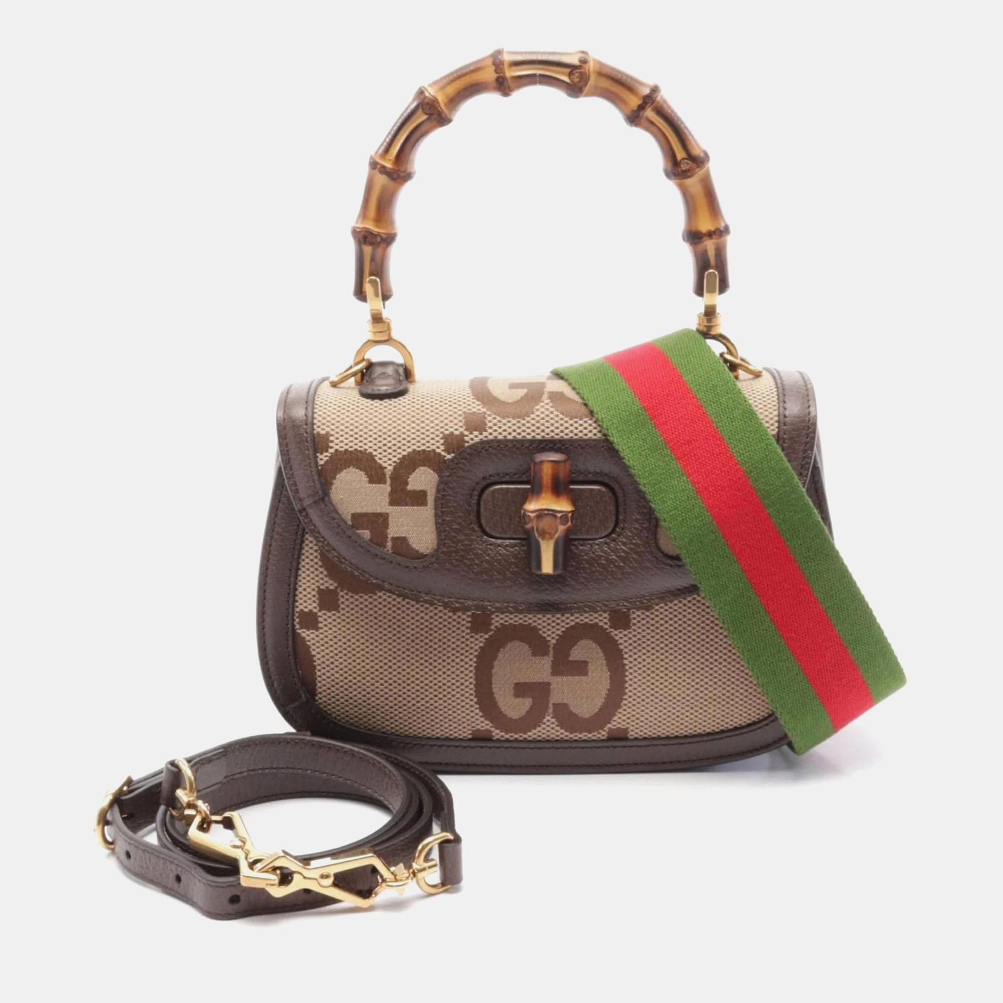 

Gucci Bamboo 1947 Jumbo Gg Handbag Canvas Leather Beige Brown