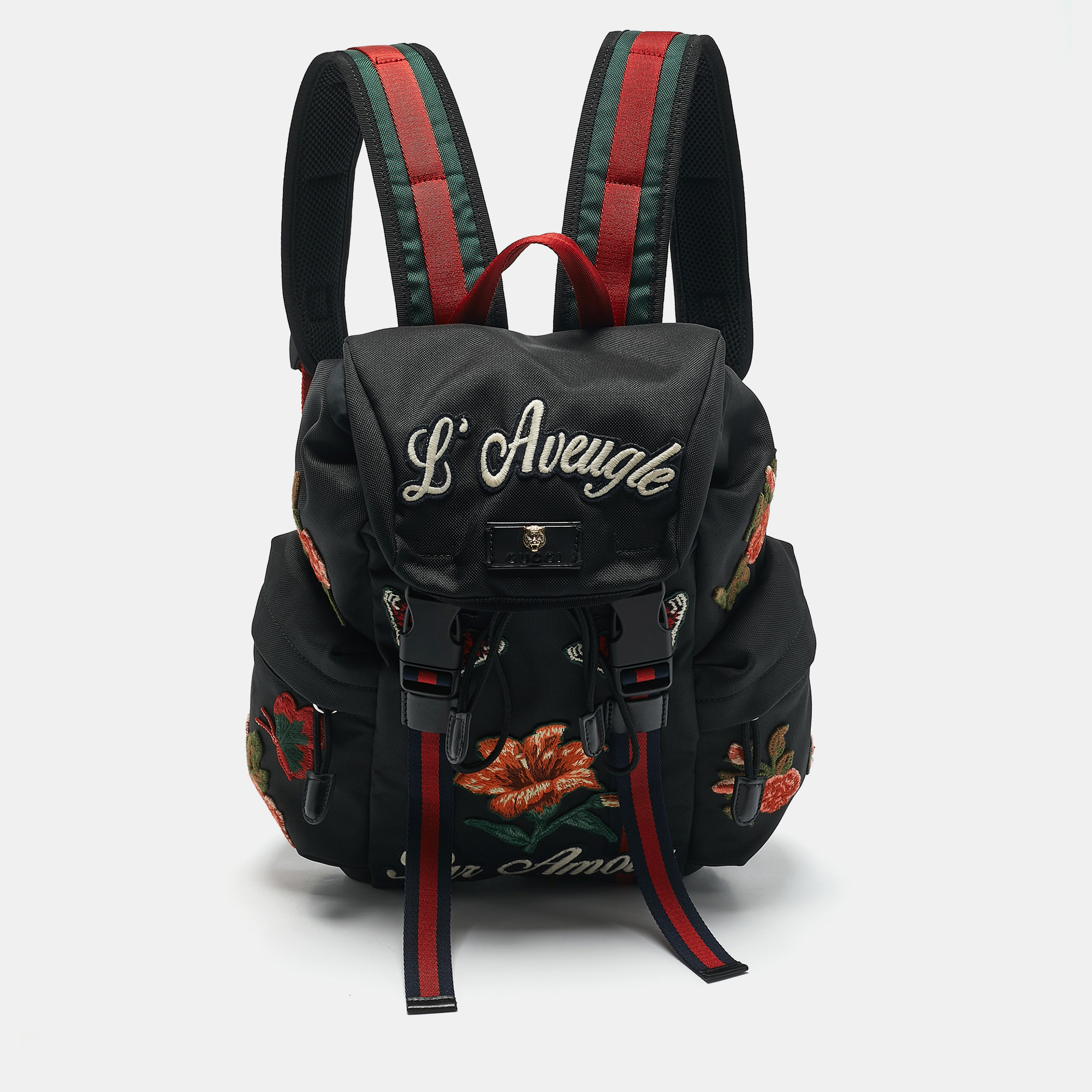 

Gucci Black Nylon Web L'Aveugle Par Amour Embroidered Backpack