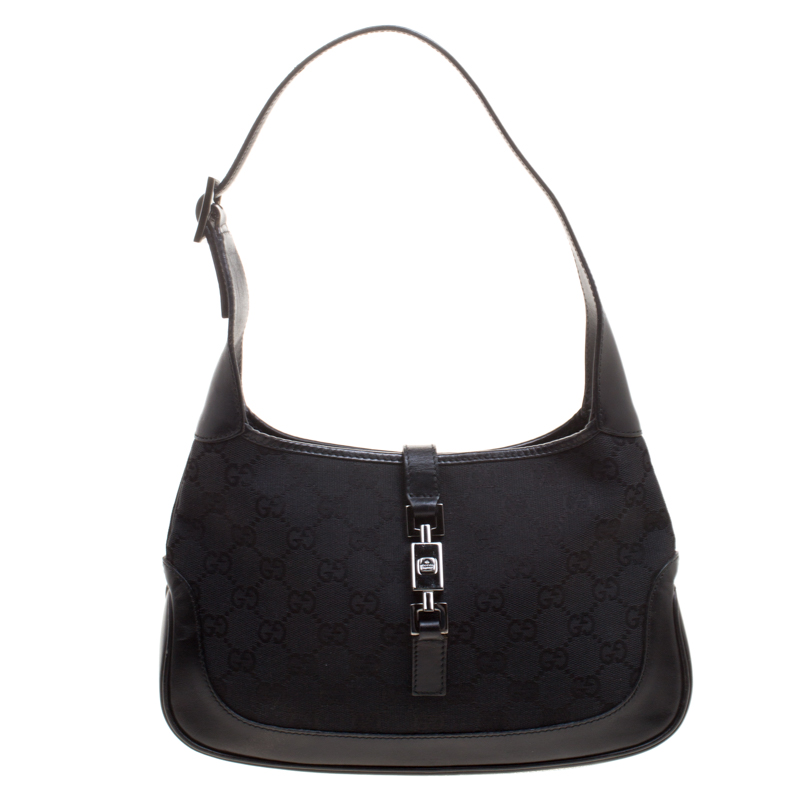 مملوكة مسبقًا Gucci Black GG Canvas and Leather Small Jackie Hobo