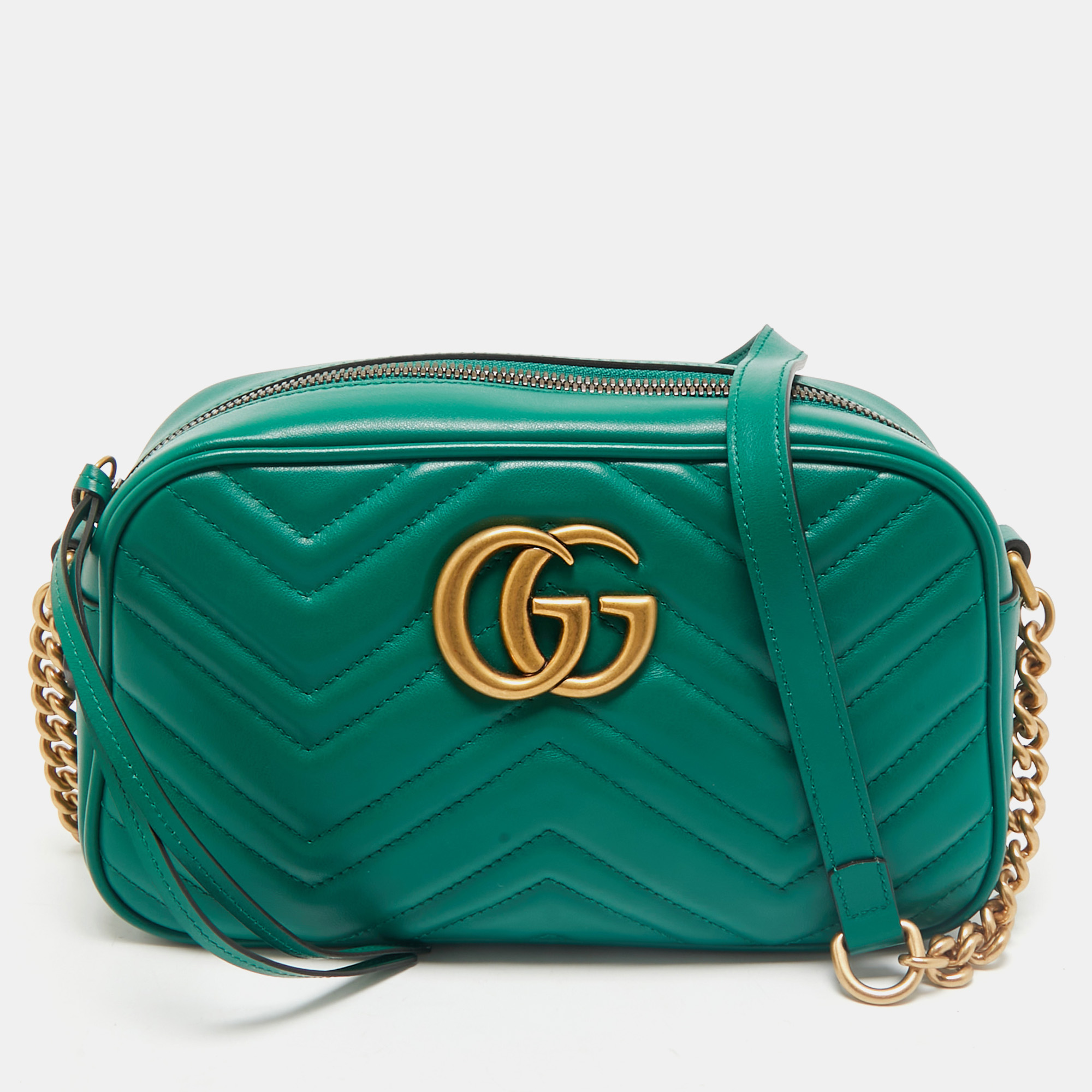 

Gucci Green Matelassé Leather Small GG Marmont Camera Bag