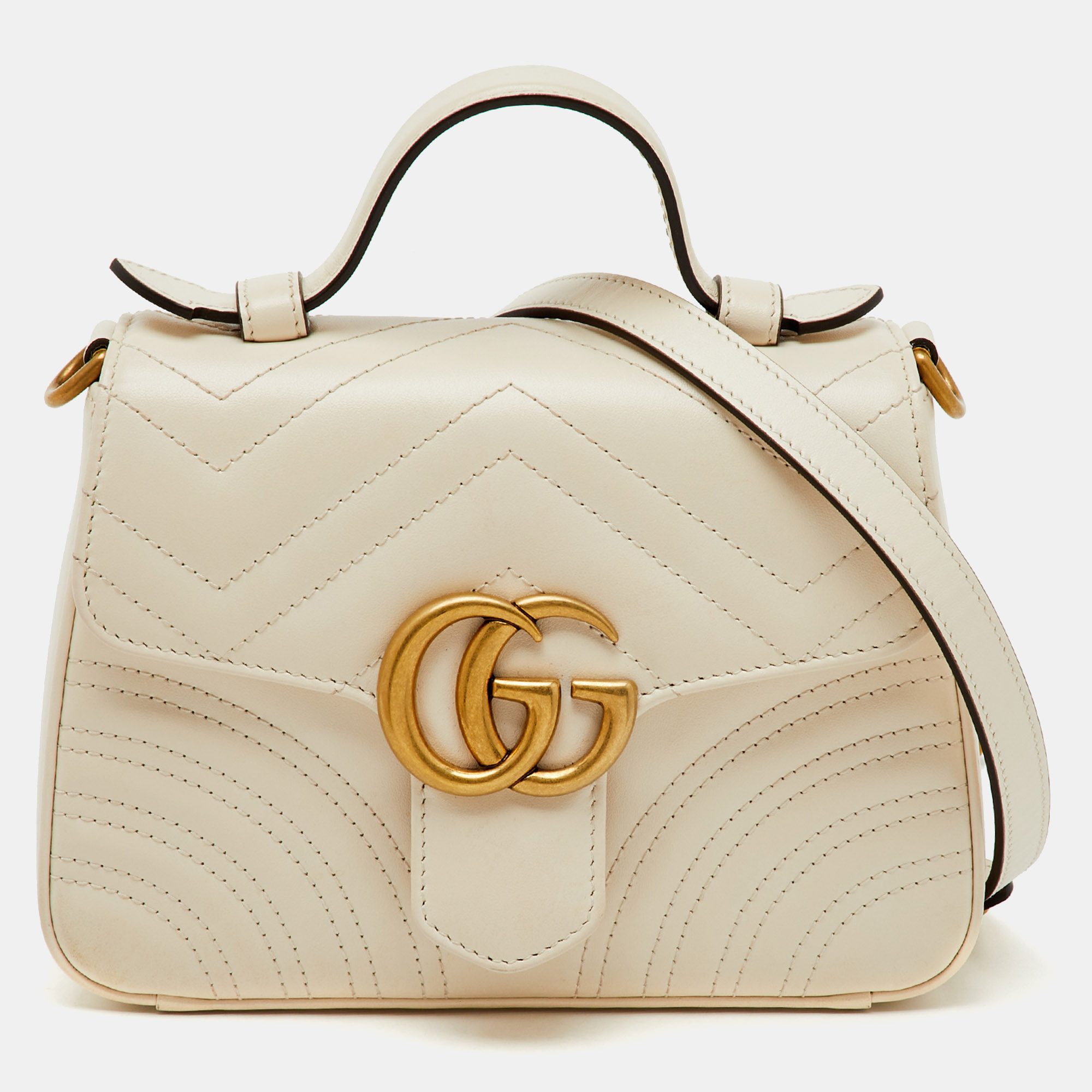 

Gucci White Matelassé Leather Mini GG Marmont Top Handle Bag