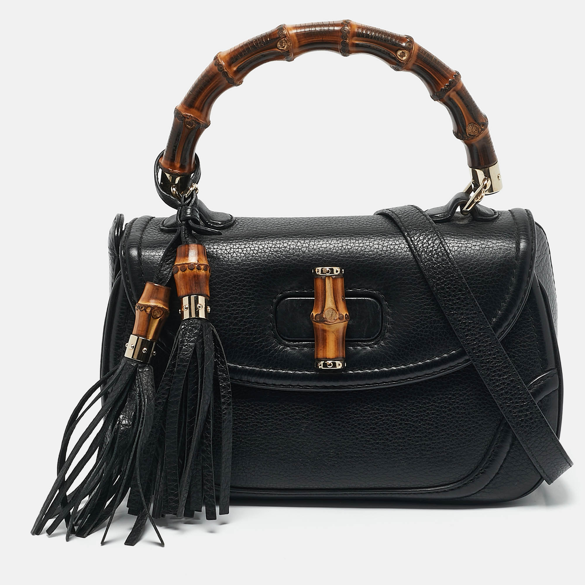 

Gucci Black Leather  Tassel New Bamboo Top Handle Bag