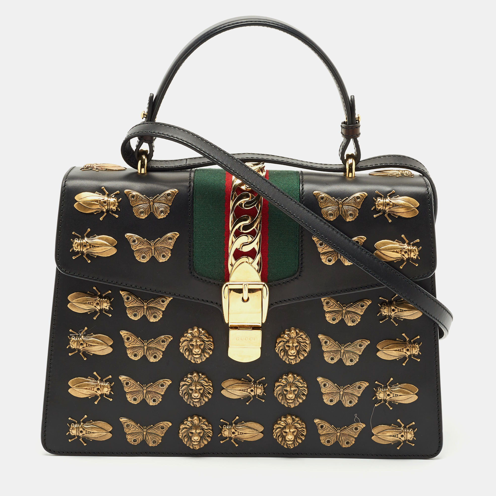

Gucci Black Leather Medium Animal Studs Sylvie Top Handle Bag
