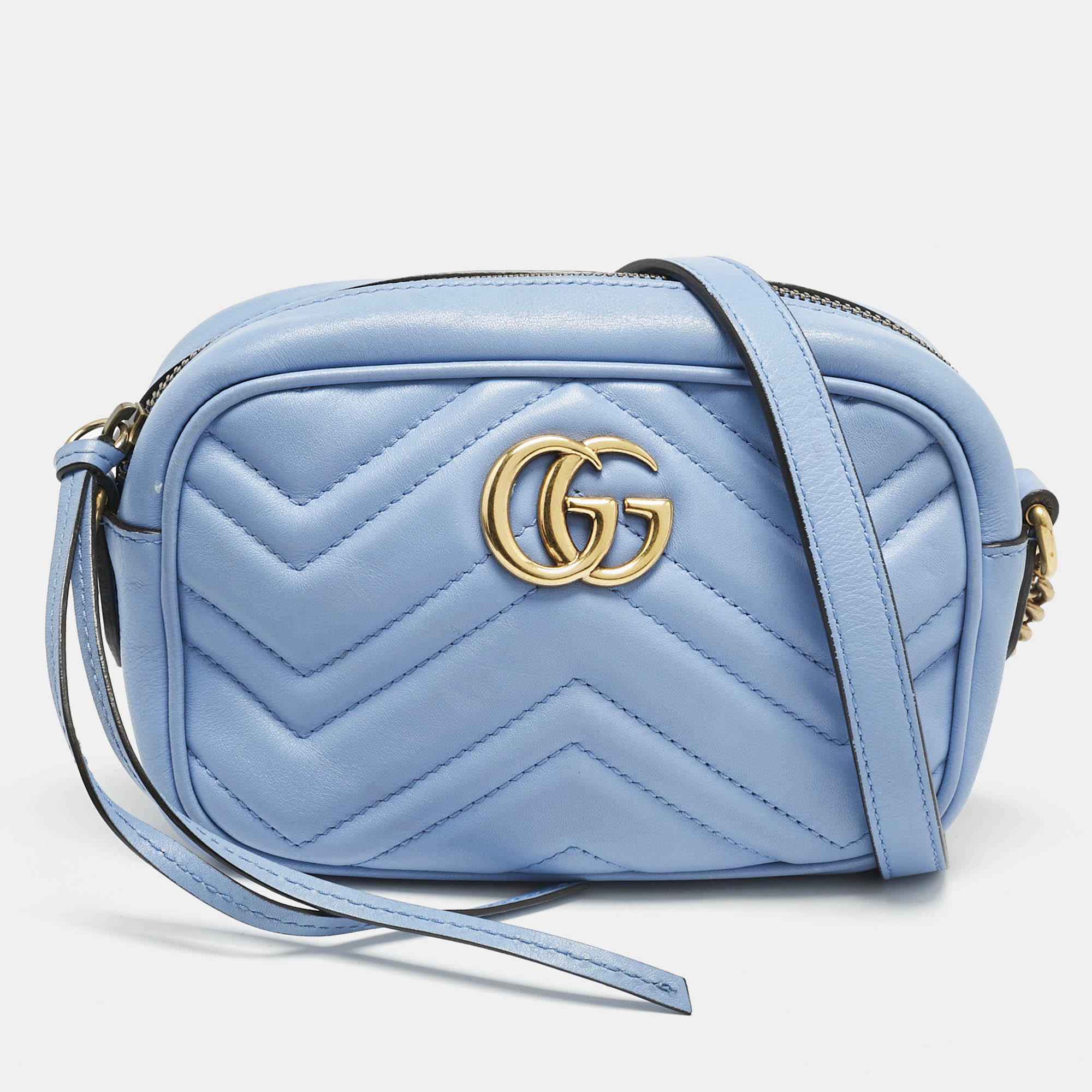 

Gucci Blue Matelassé Leather Mini GG Marmont Camera Bag