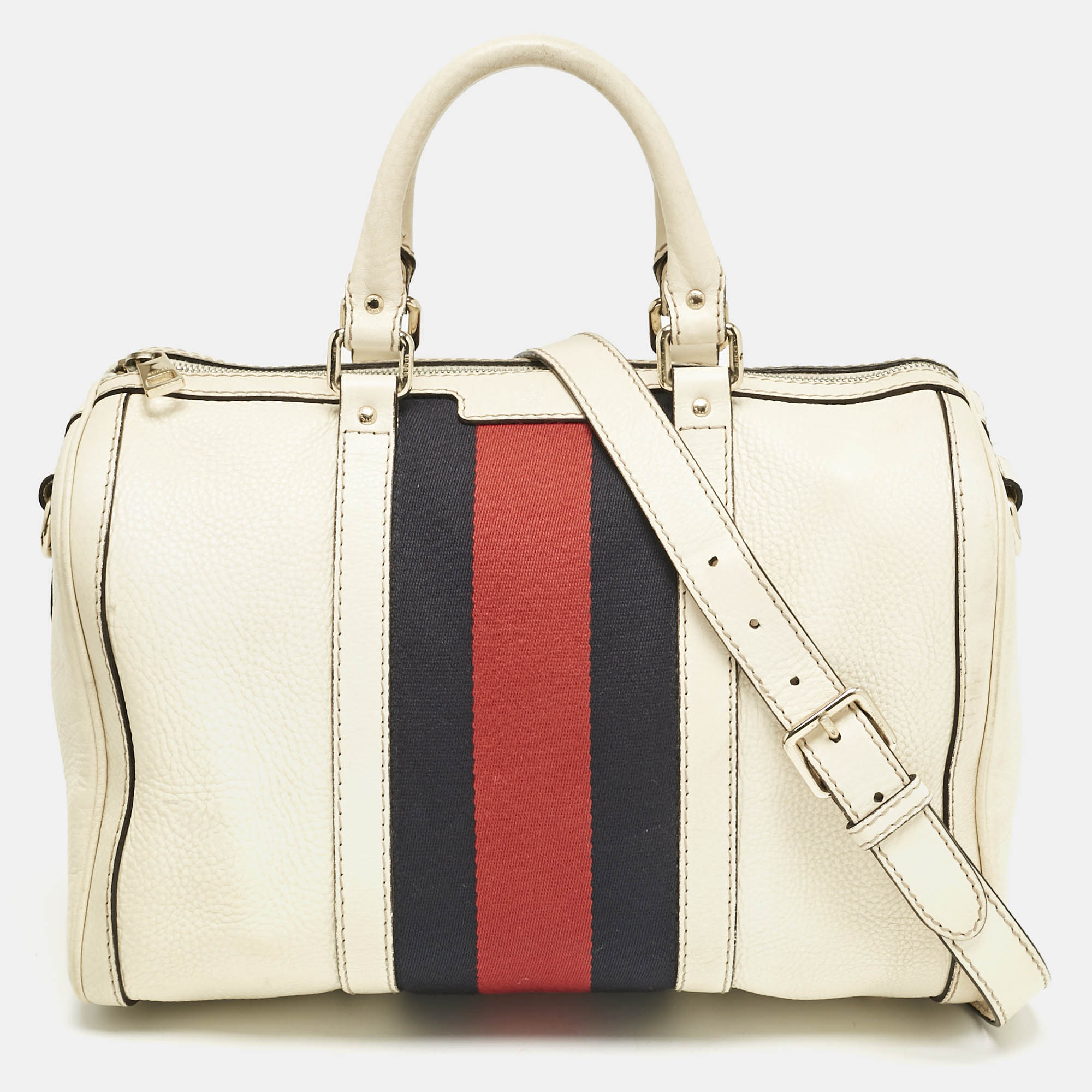 

Gucci White Leather Vintage Web  Boston Bag