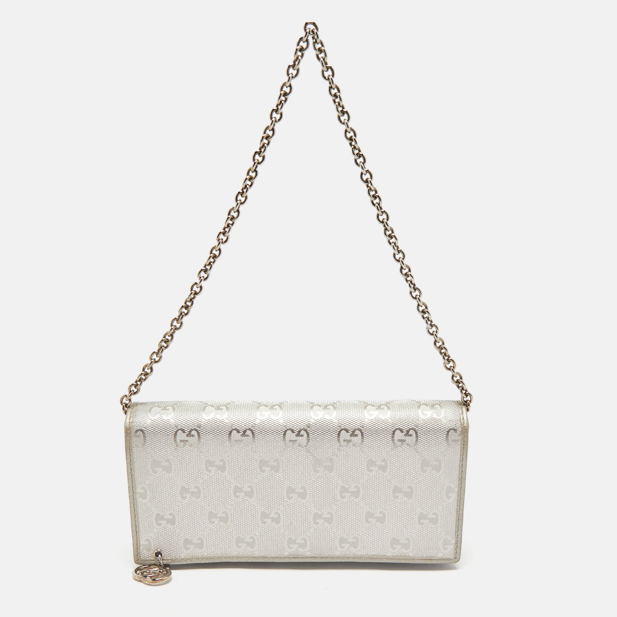 

Gucci Metallic Grey GG Imprime Canvas Wallet on Chain