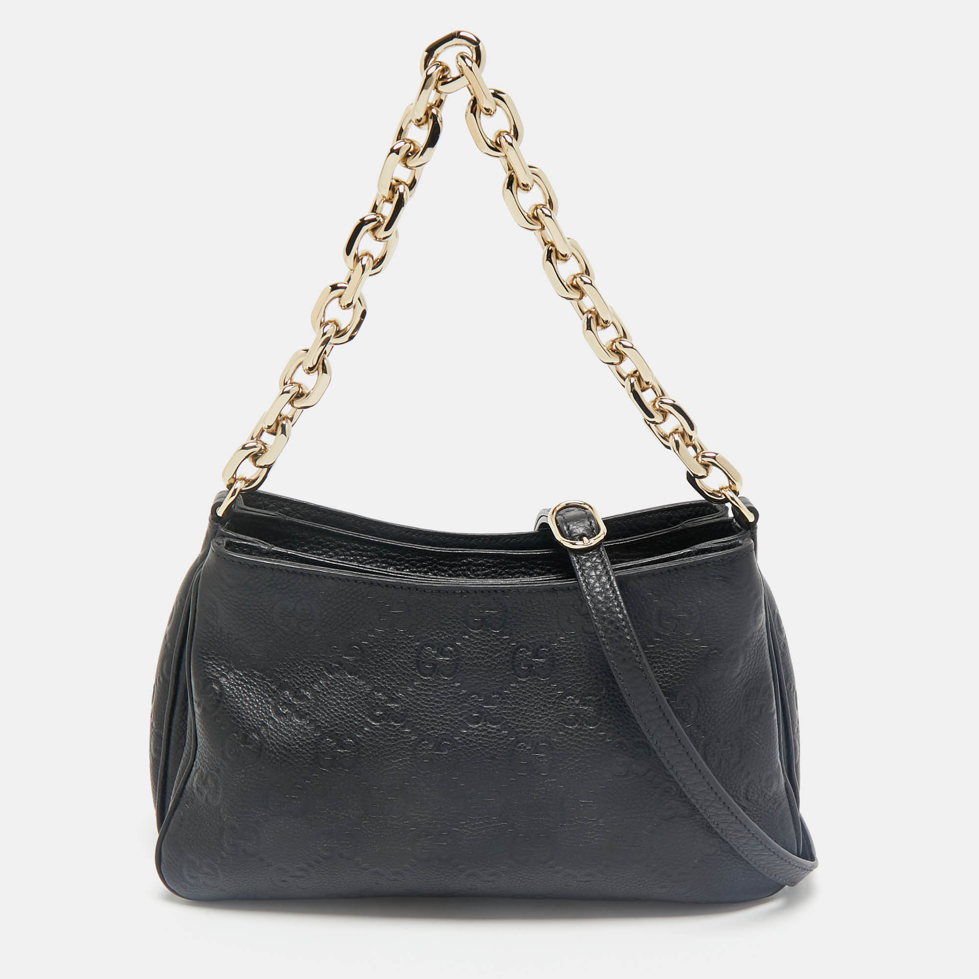 

Gucci Black Guccissima Leather Emblem Chain Shoulder Bag