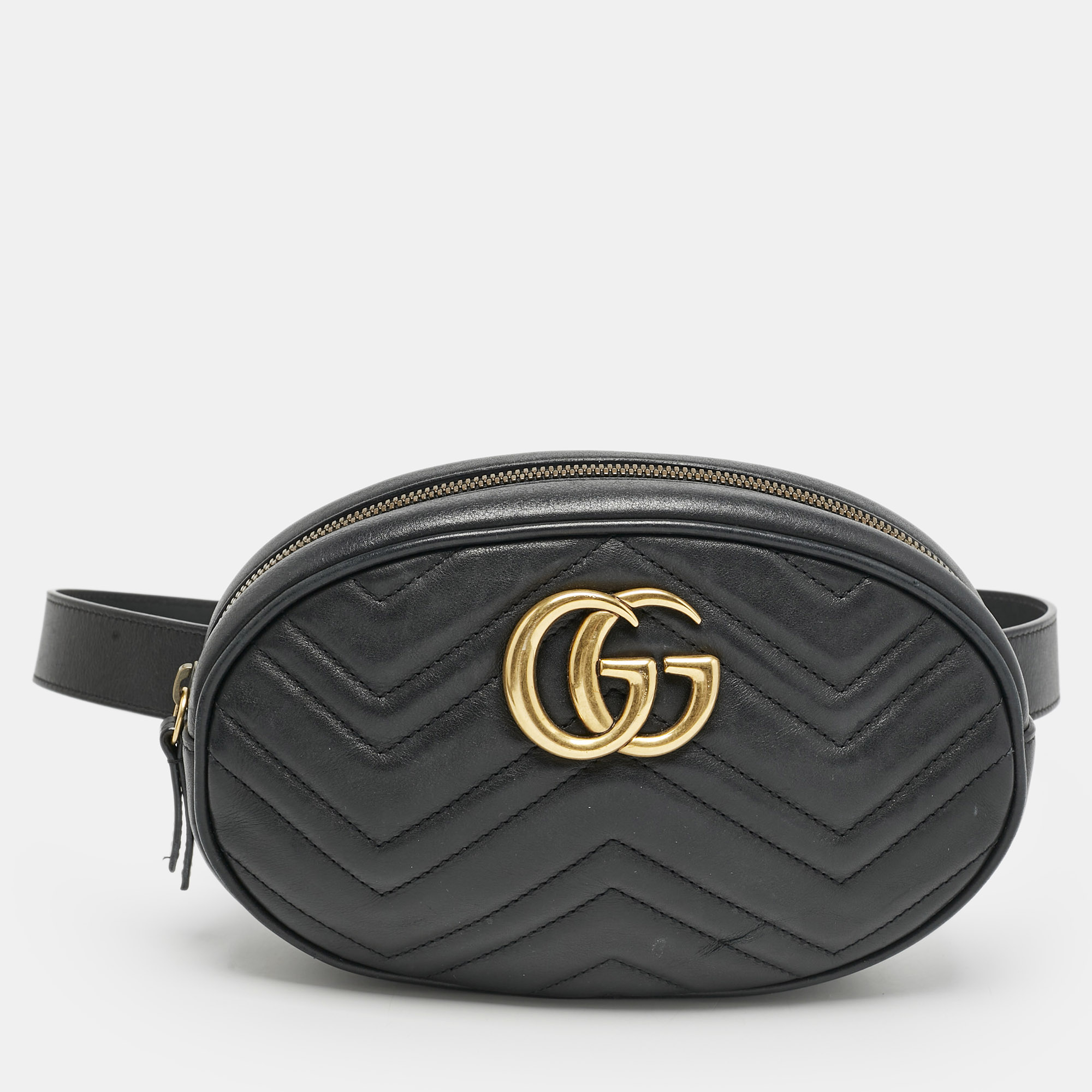

Gucci Black Matelassé Leather GG Marmont Belt Bag