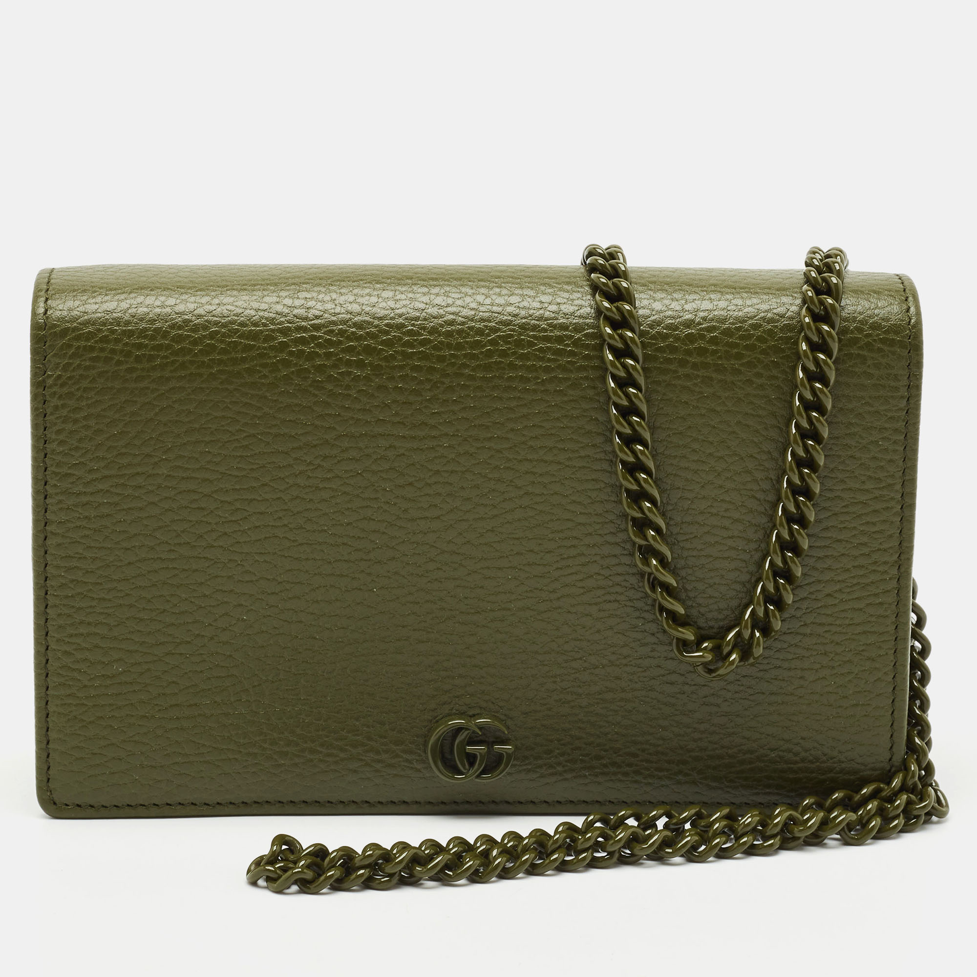 

Gucci Olive Green Leather GG Marmont Wallet On Chain