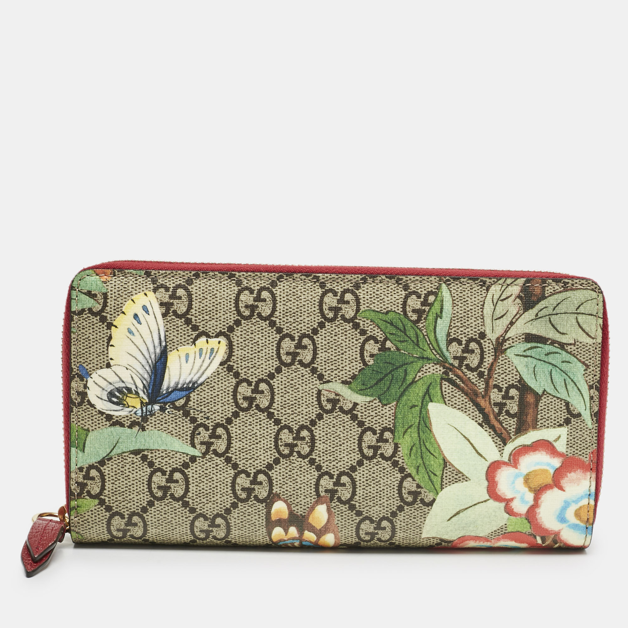 

Gucci Red/Beige GG Supreme Canvas Tian Zip Around Wallet